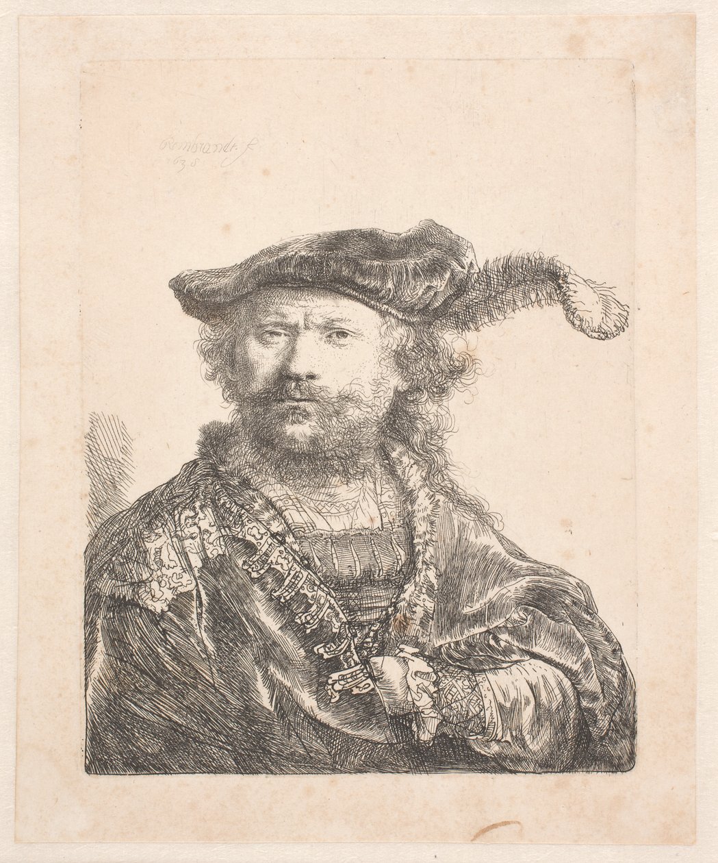 Selvportrett i fløyelshette og plym, med en brodert kjole: byste av Rembrandt van Rijn