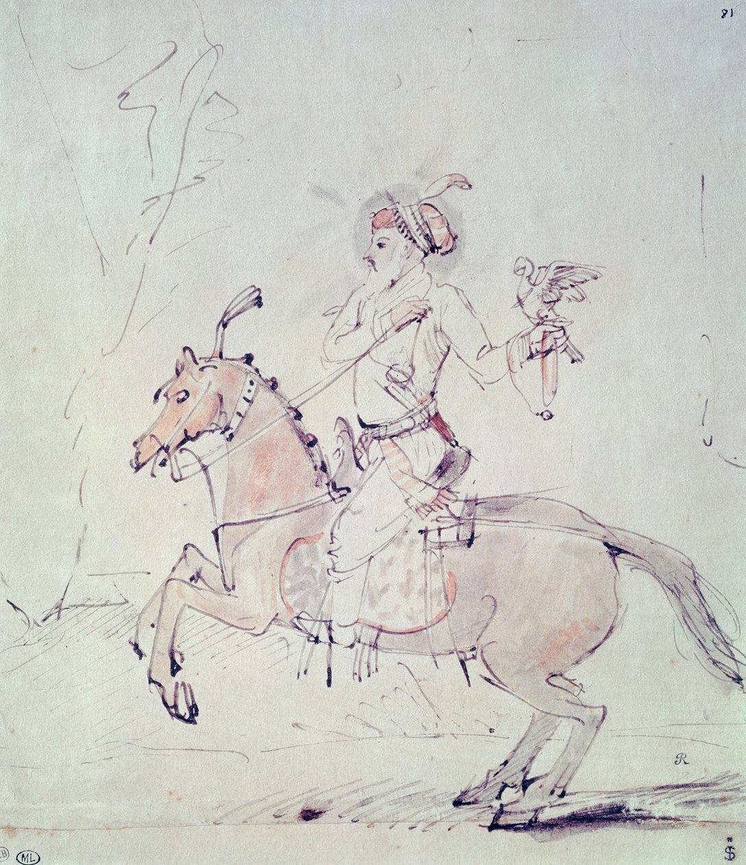 Shah Jehan med falk på hesteryggen (penn og blekk og wc på papir) av Rembrandt van Rijn