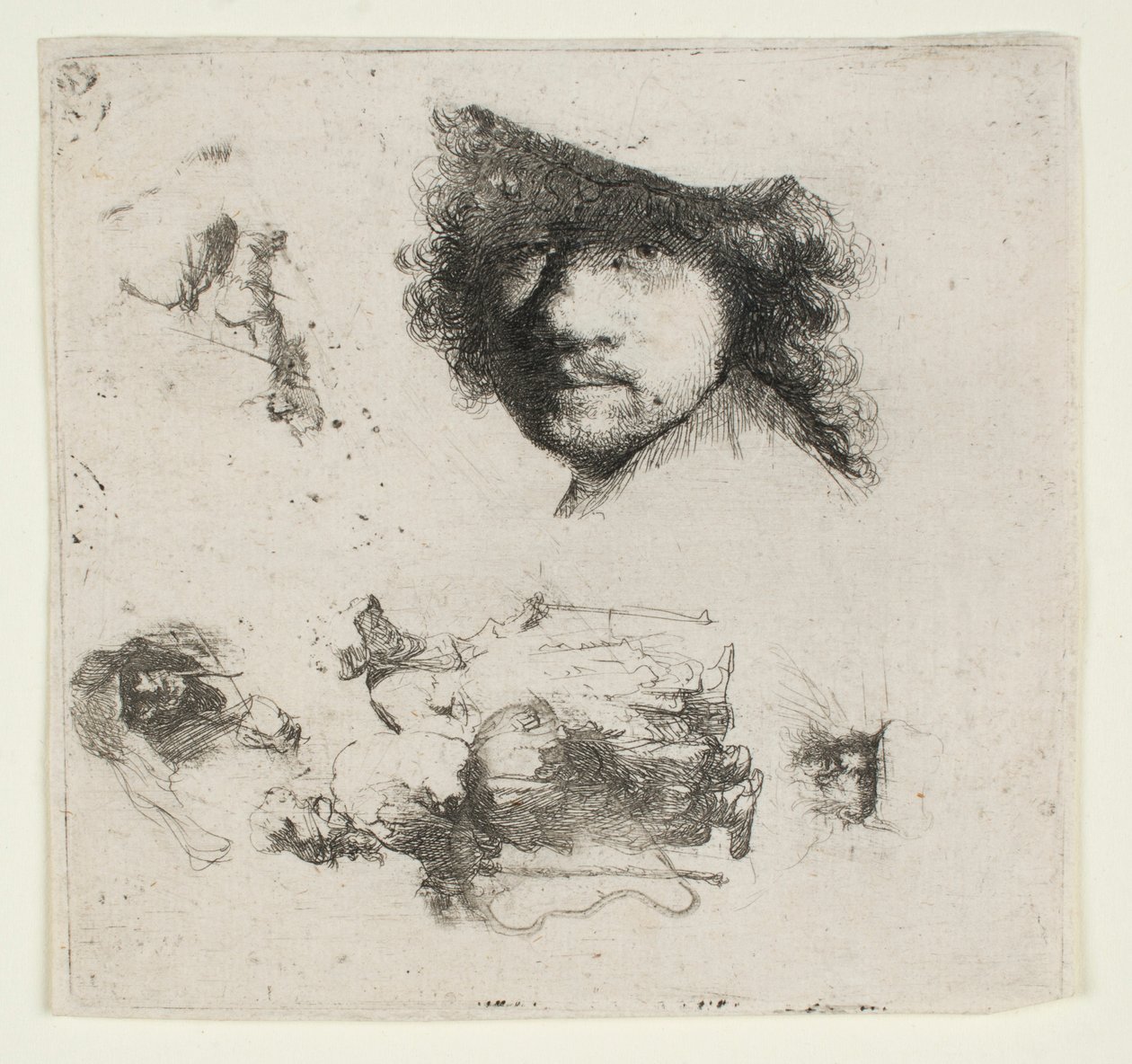Studieark: Kunstnerens hode, et tiggerpar, hodene til en gammel mann og en gammel kvinne osv. av Rembrandt van Rijn