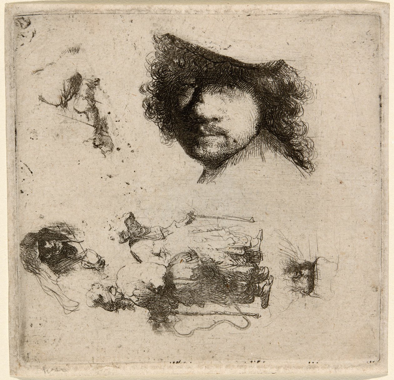 Studieark: Leder for kunstneren, et tiggerpar, hodet til en gammel mann og en gammel kvinne, etc. av Rembrandt van Rijn