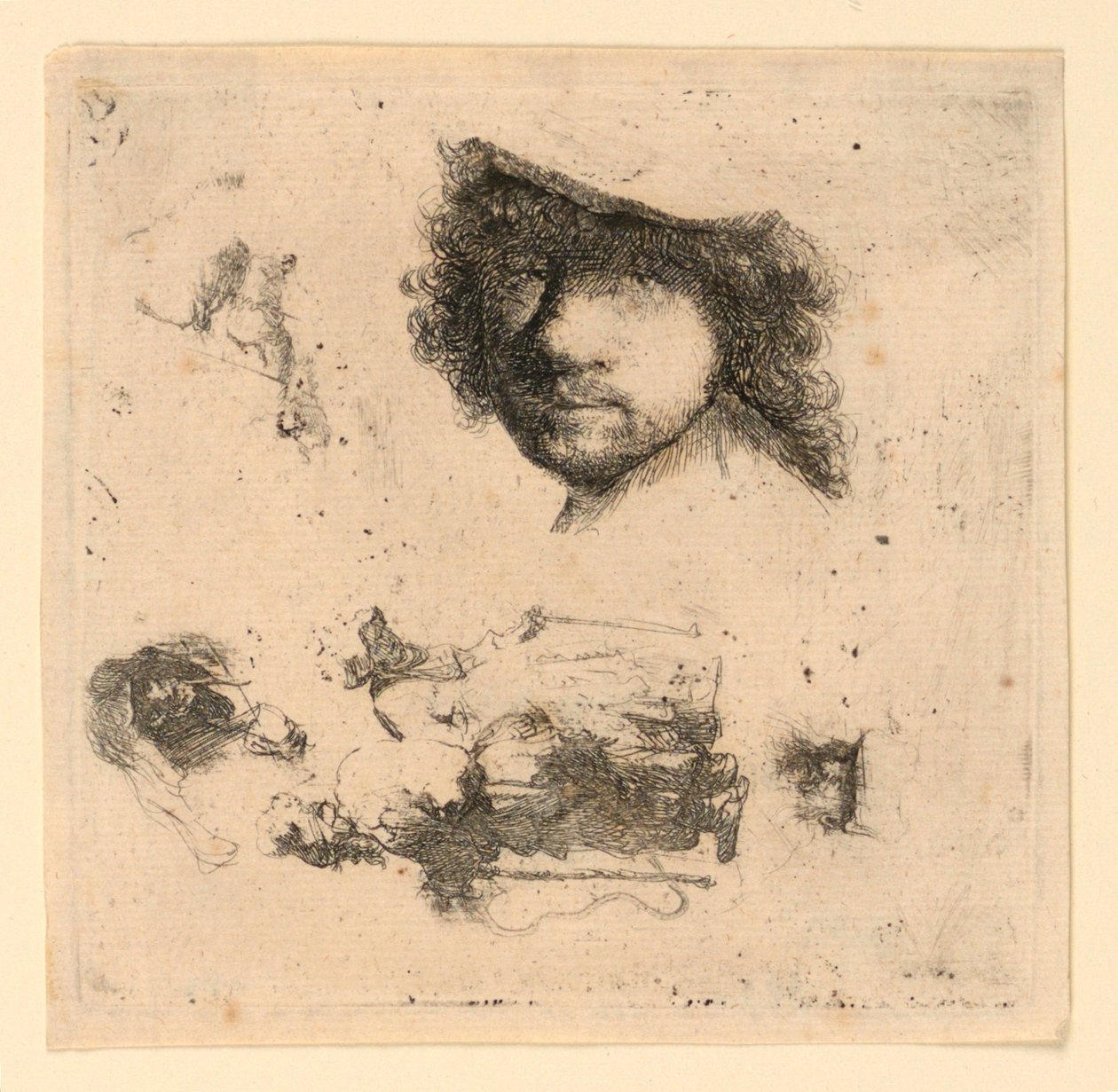 Studieark: Selvportrett, et tiggerpar, hodet til en gammel mann og en gammel kvinne, etc. av Rembrandt van Rijn