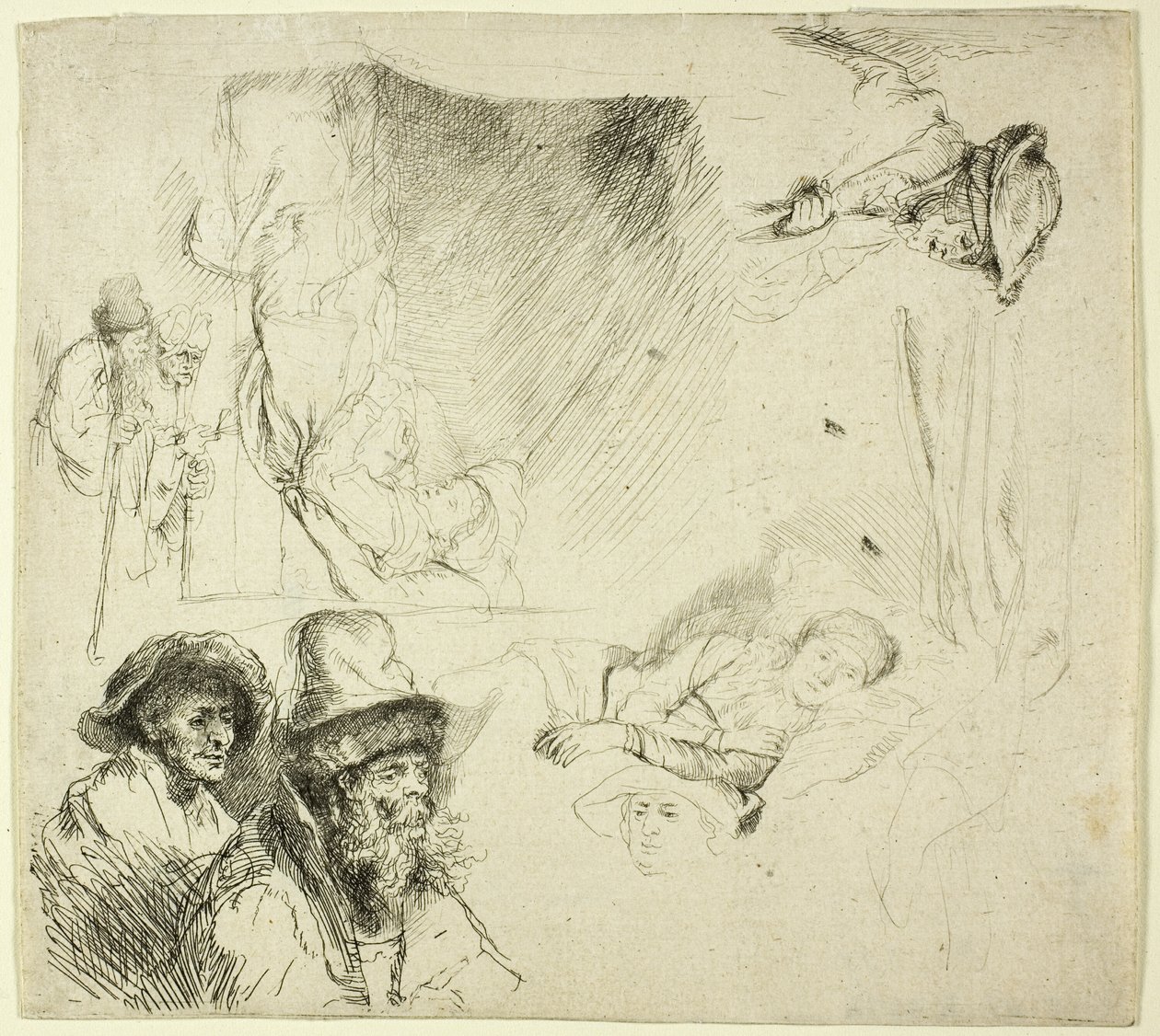 Studieark, med en kvinne som ligger syk i sengen av Rembrandt van Rijn