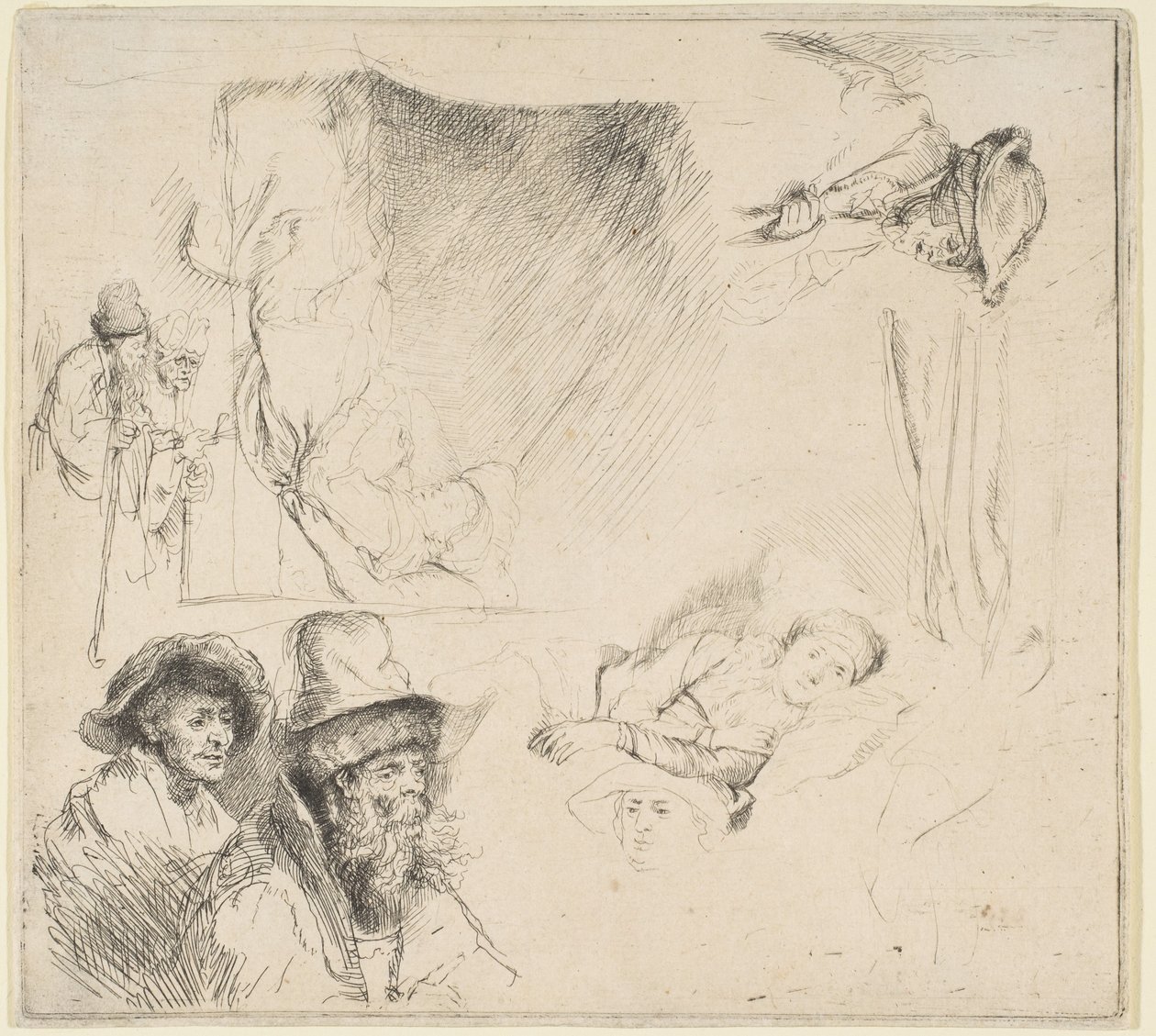 Ark med studier med en kvinne som ligger syk i sengen, etc., ca. 164142. av Rembrandt van Rijn