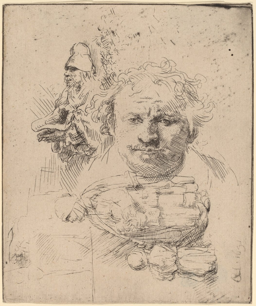 Studieark med lederen av kunstneren, en tiggermann og kvinne og barn av Rembrandt van Rijn