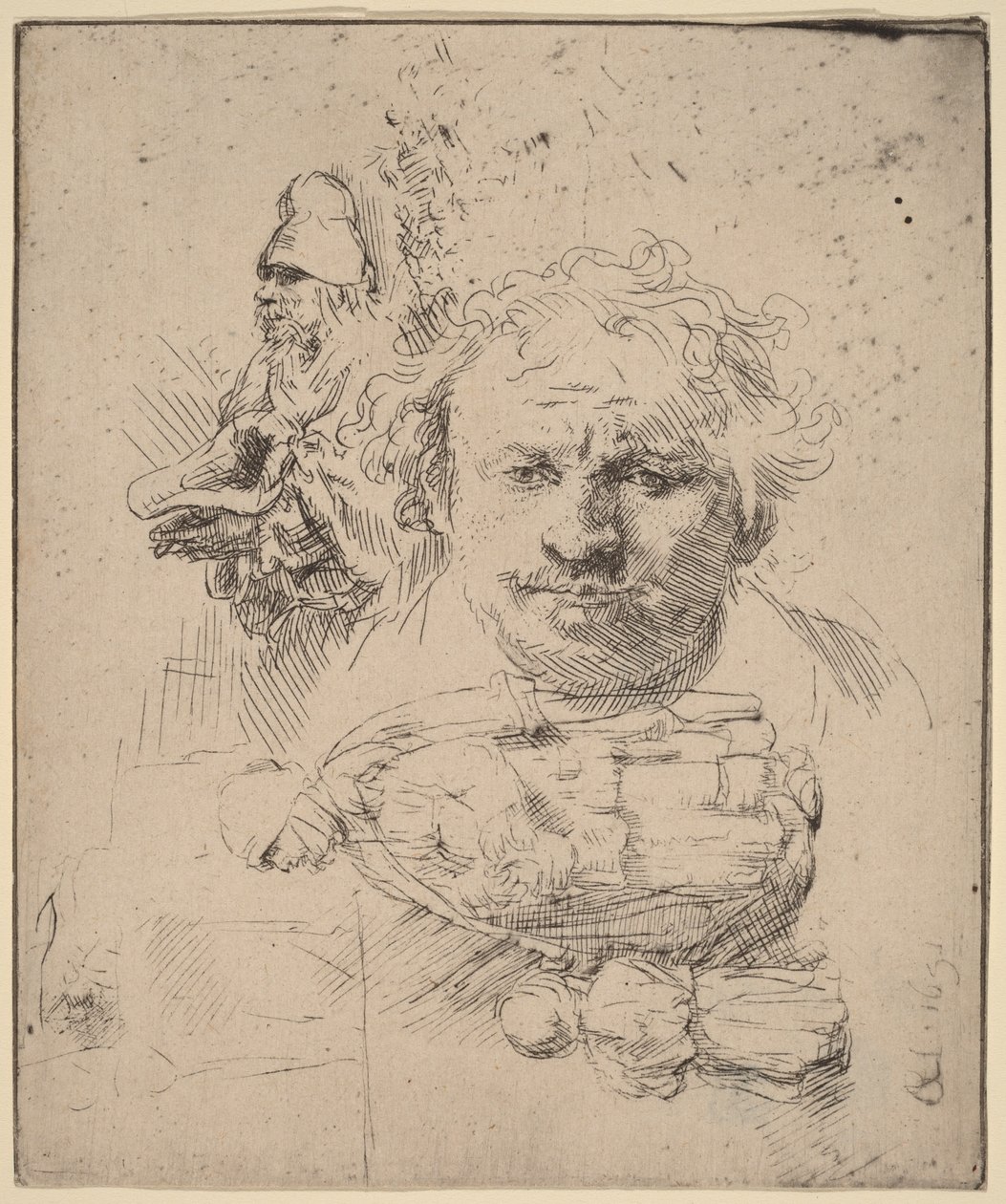 Tegningsark med kunstnerens hode, en tigger, en kvinne og et barn av Rembrandt van Rijn