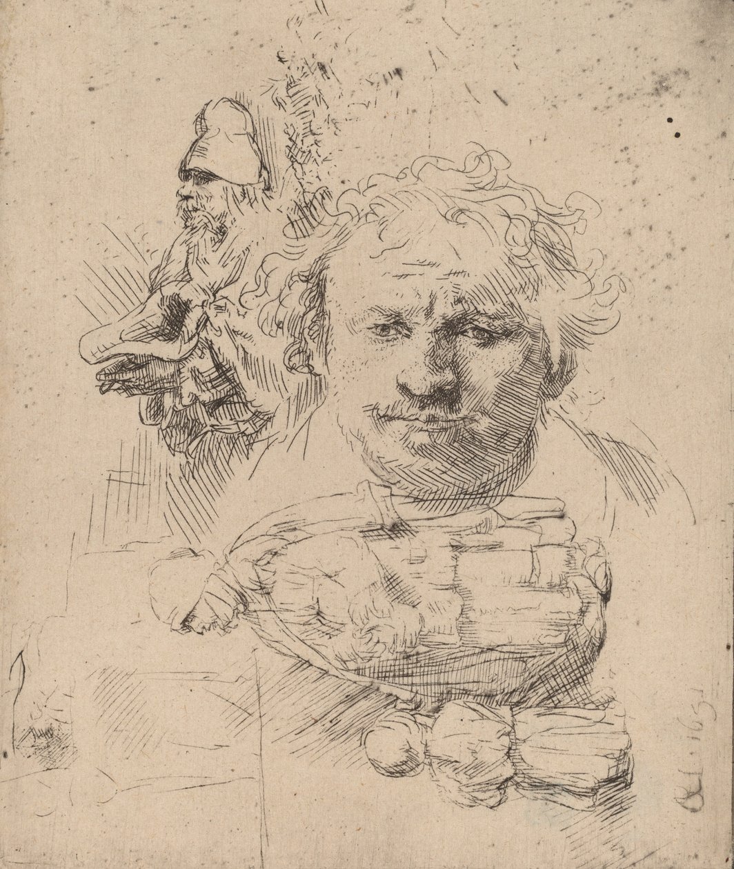 Studieark med lederen av kunstneren, en tiggermann, og kvinne og barn, 1651. av Rembrandt van Rijn