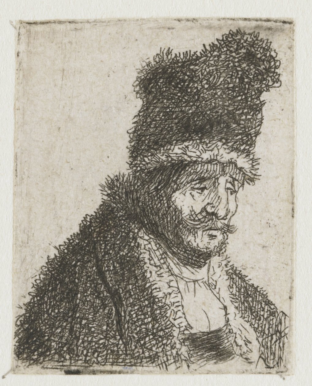 Samling av studier av menns hoder: gammel mann i pelsfrakk og høy lue av Rembrandt van Rijn
