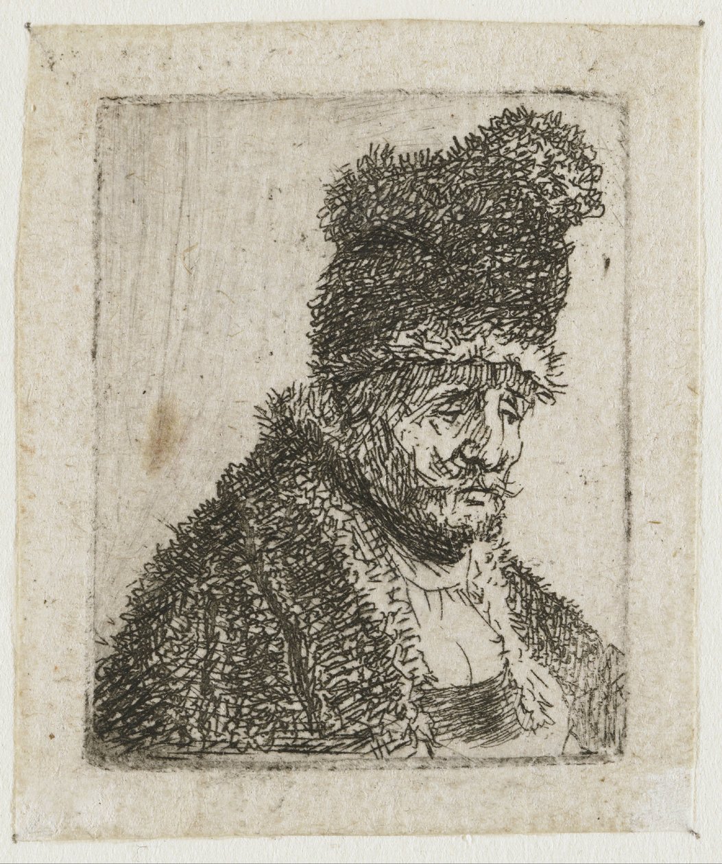 Samling av studier av menns hoder: gammel mann i pelsfrakk og høy lue av Rembrandt van Rijn