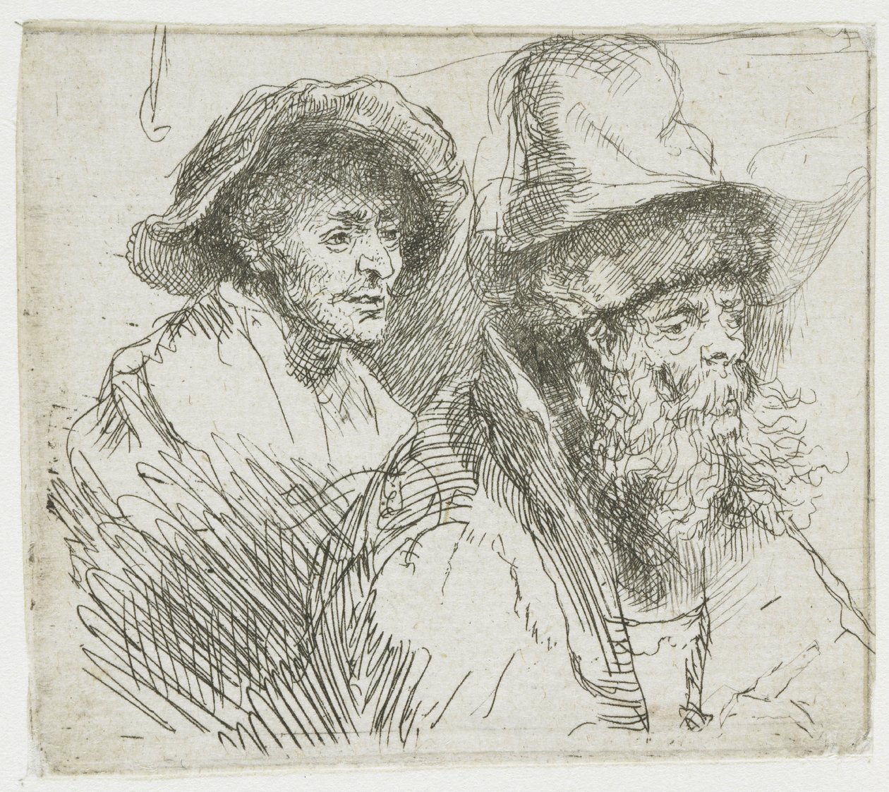 Et ark med studier, der en kvinne ligger syk i sengen: byster av to mannlige figurer av Rembrandt van Rijn