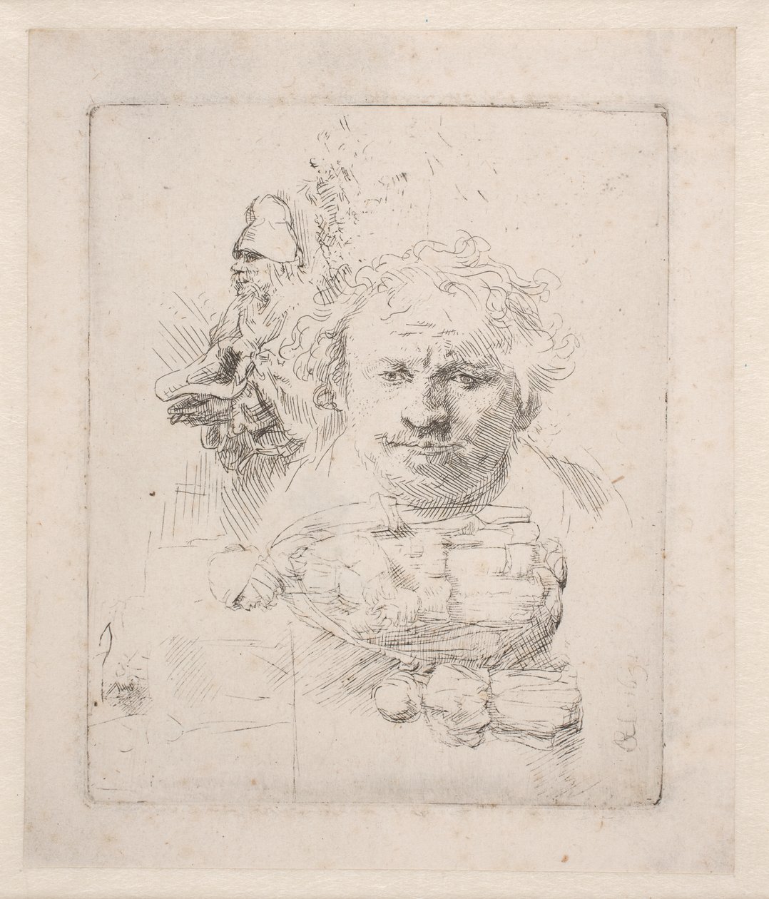 Tegning med Rembrandts hode, en tigger, en kvinne og et barn av Rembrandt van Rijn