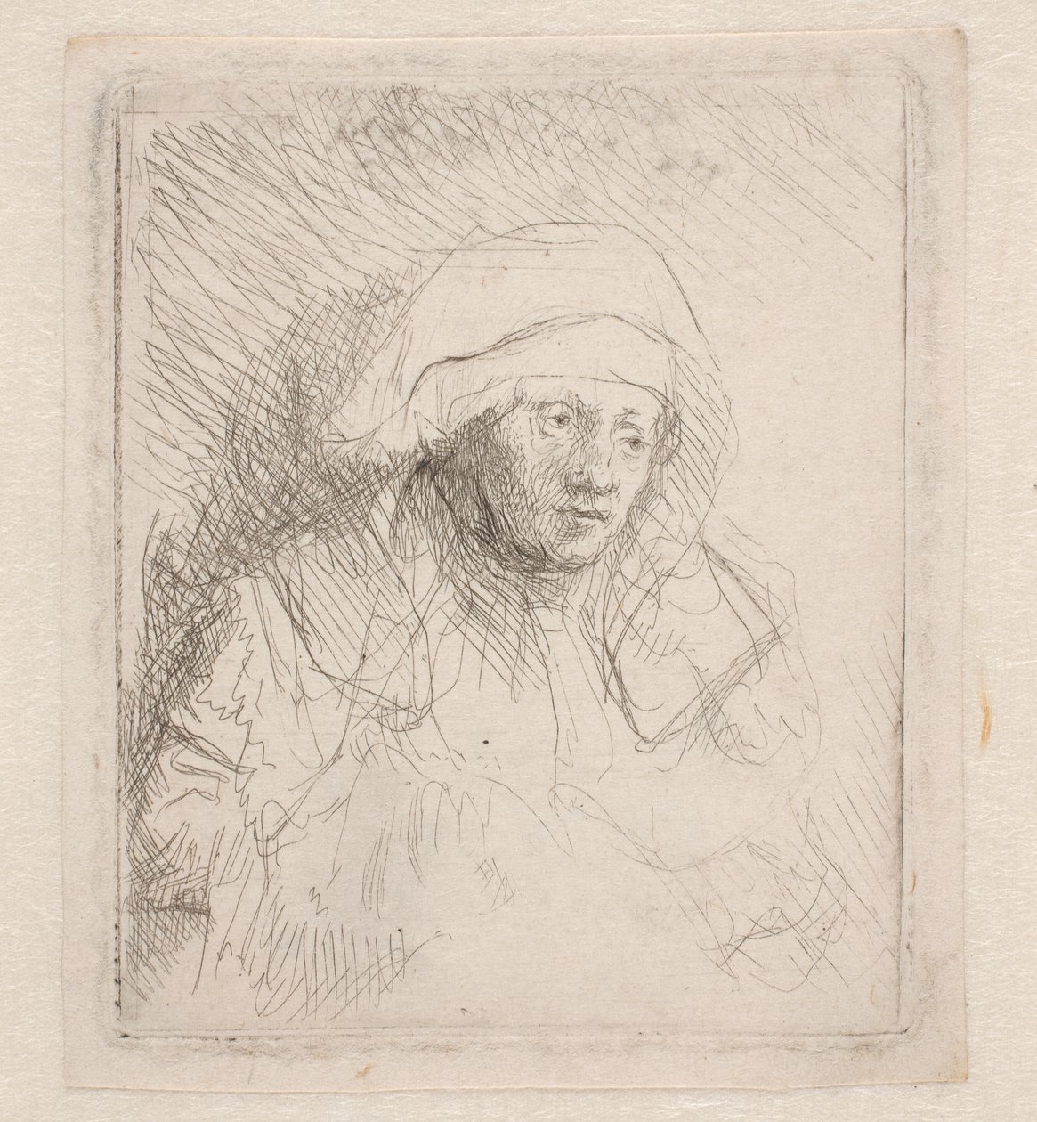 En syk kvinne med et stort hvitt hodeplagg (Saskia) av Rembrandt van Rijn