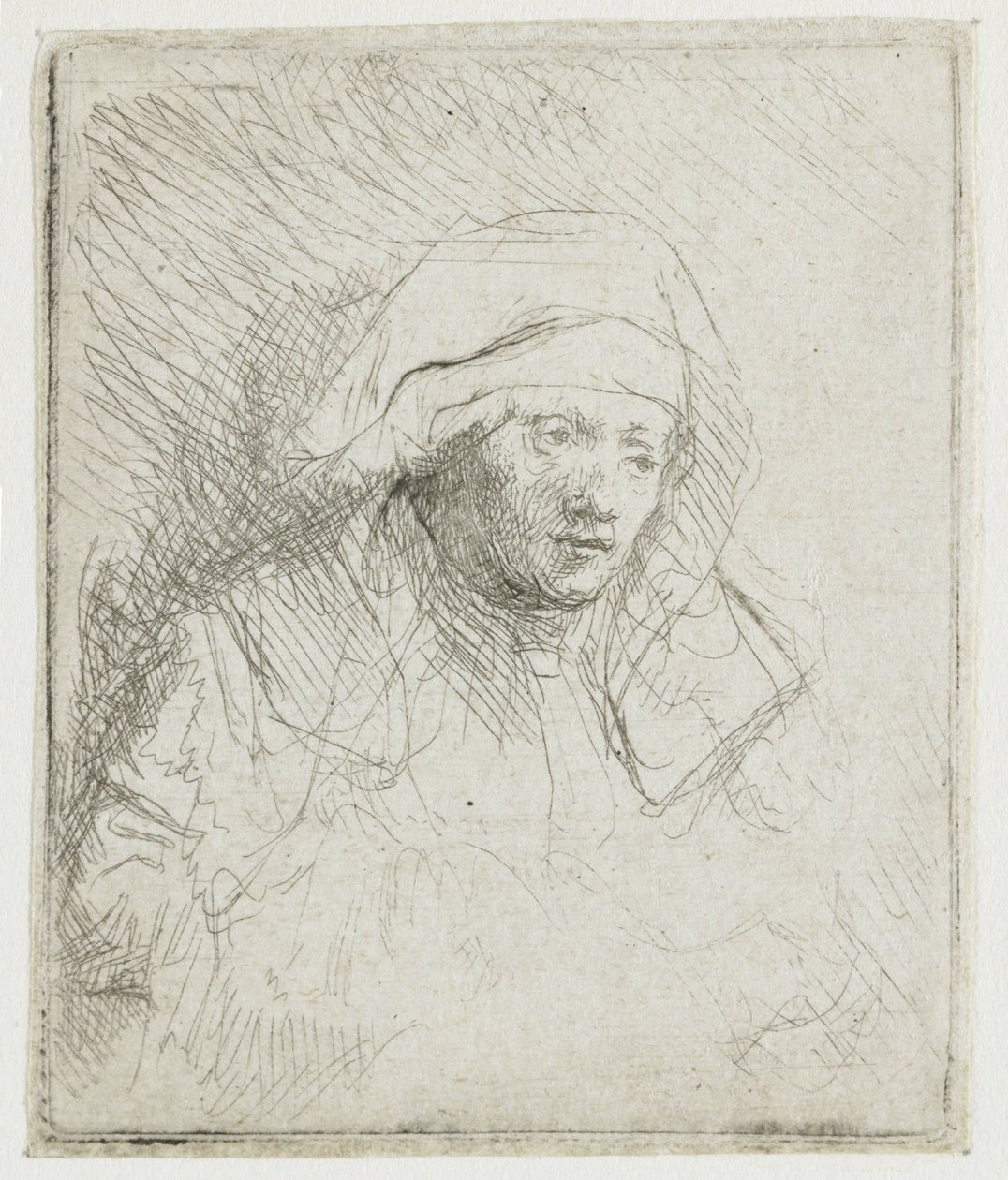 En syk kvinne med et stort hvitt hodeplagg (Saskia) av Rembrandt van Rijn