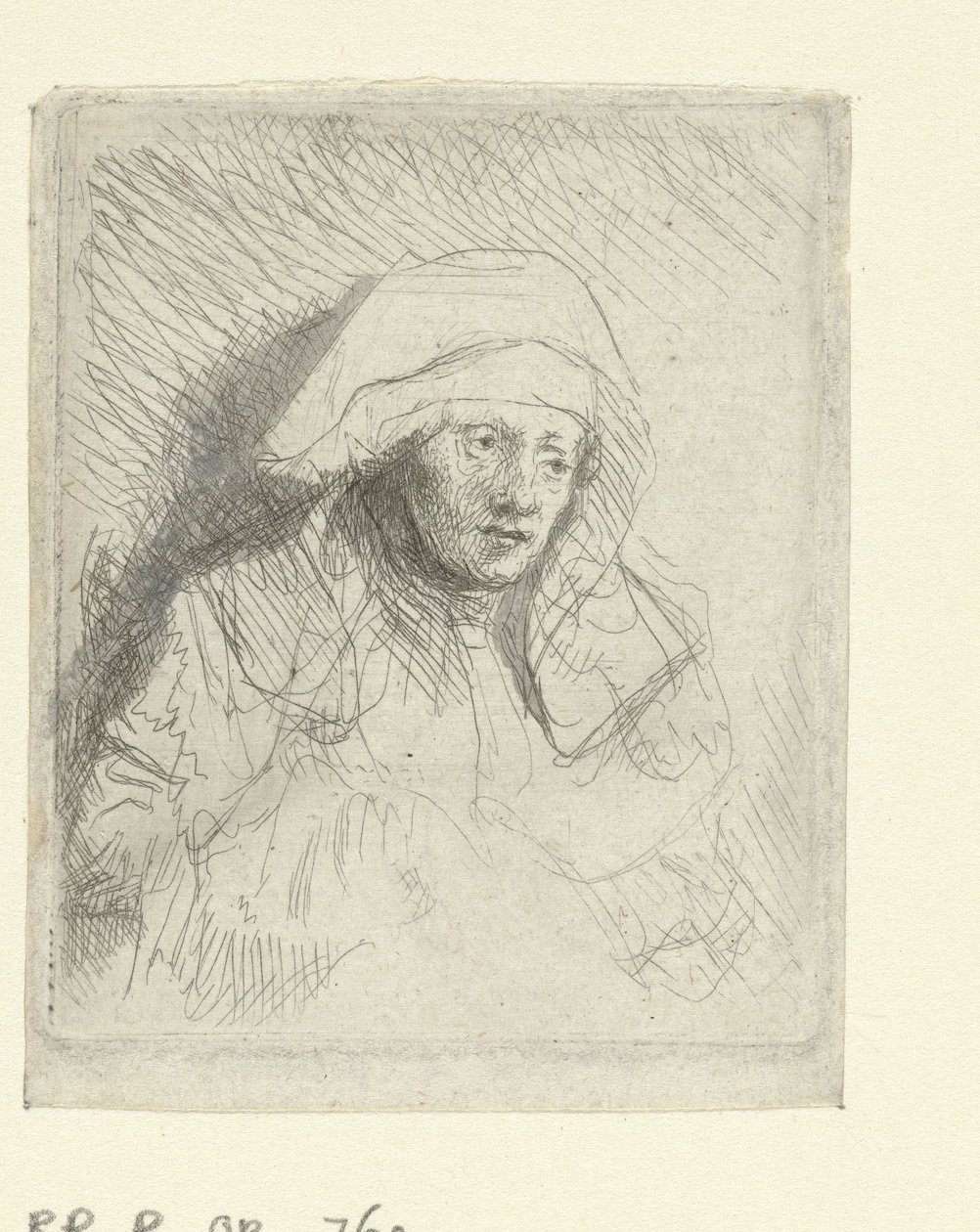 En syk kvinne med et stort hvitt hodeplagg (Saskia) av Rembrandt van Rijn