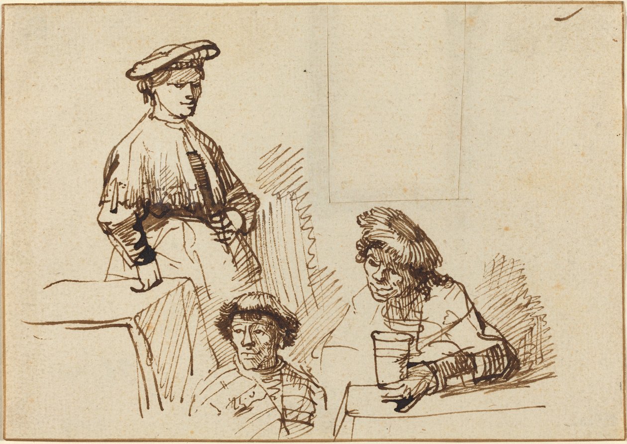 Skisser fra en taverna: Kvinne stående og to menn sittende av Rembrandt van Rijn