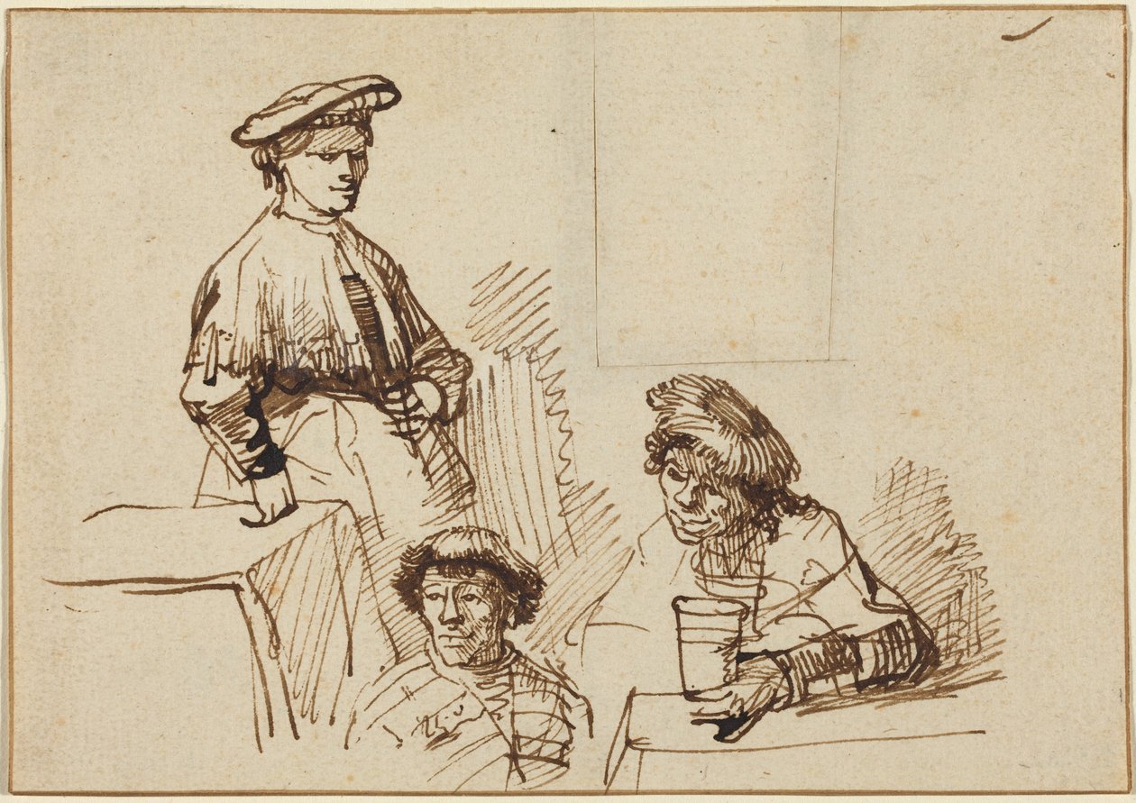 Skisser fra en kro: En stående kvinne og to sittende menn av Rembrandt van Rijn