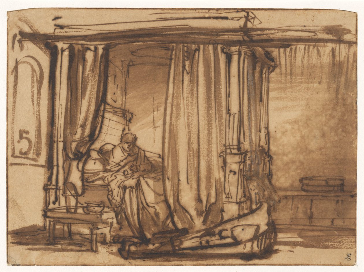 Soverom med Saskia sittende i en himmelseng av Rembrandt van Rijn