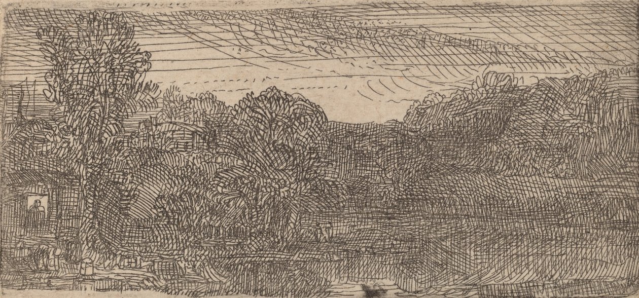 Lite grått landskap: et hus og trær ved siden av et basseng, ca. 1640. av Rembrandt van Rijn