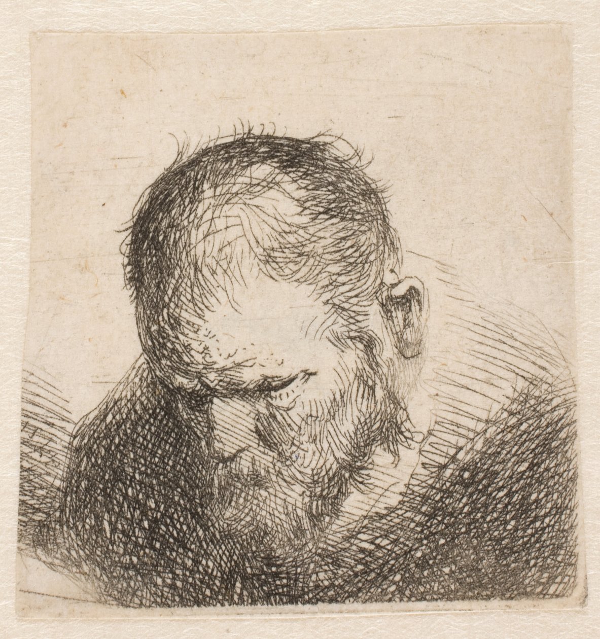 Liten byste av en skjegget mann som ser ned, med øynene nesten lukket av Rembrandt van Rijn