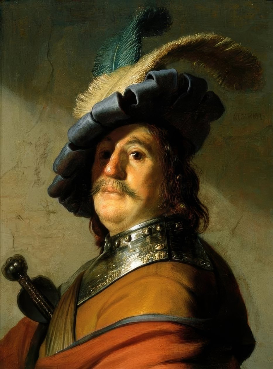 Soldat med jernkrage og fjærhatt av Rembrandt van Rijn