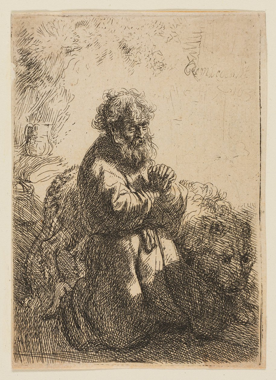 St. Jerome kneler i bønn og ser ned av Rembrandt van Rijn