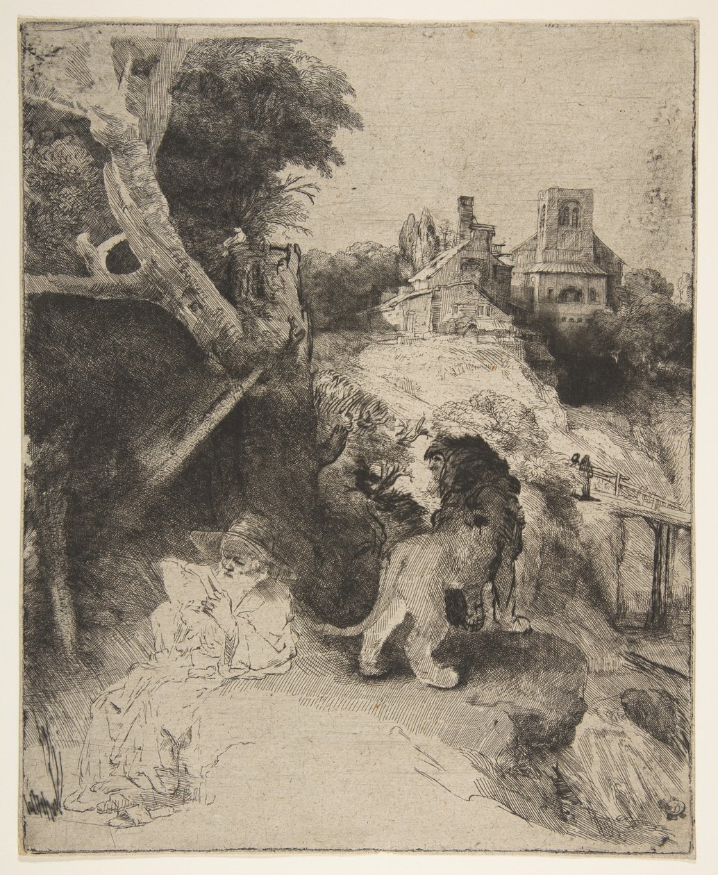 St. Jerome leser i et italiensk landskap, ca. 1653. av Rembrandt van Rijn