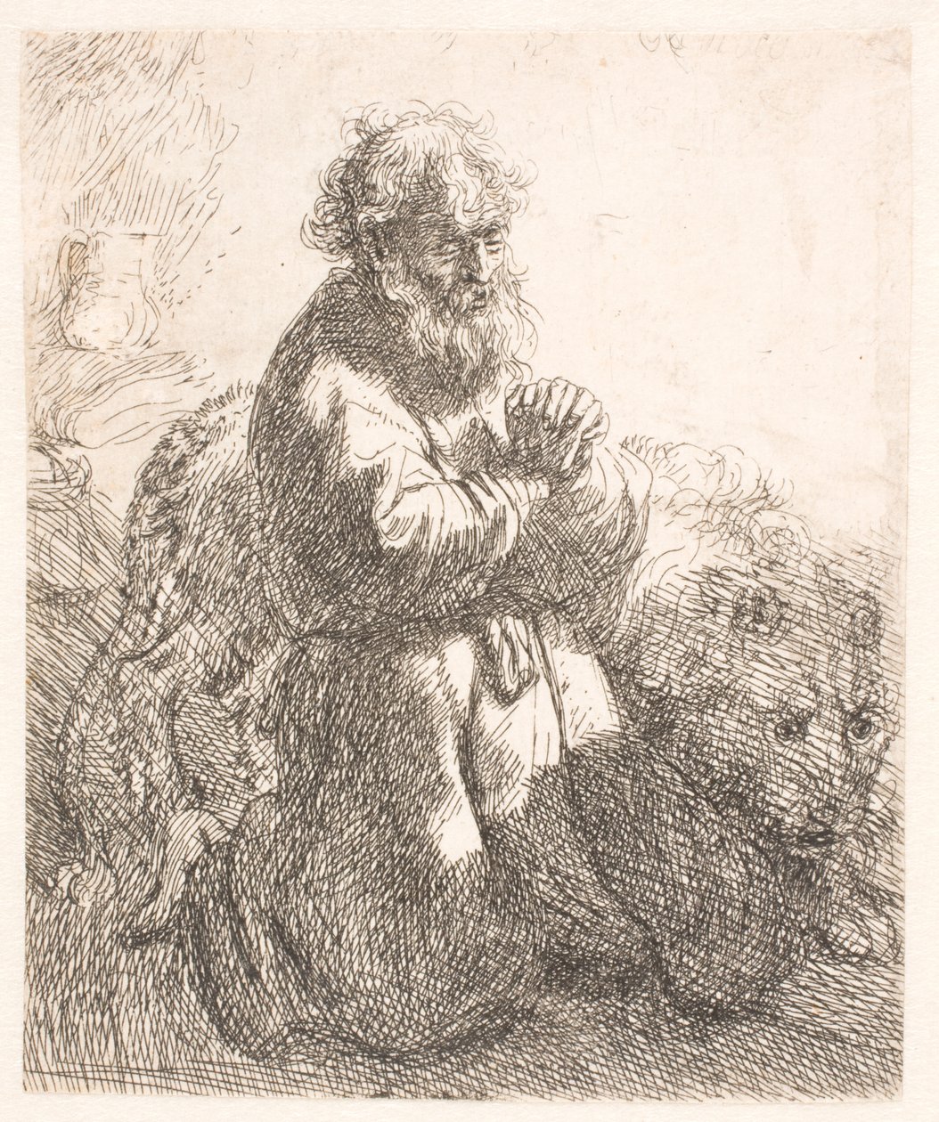 St. Hieronymus kneler i bønn og ser ned av Rembrandt van Rijn