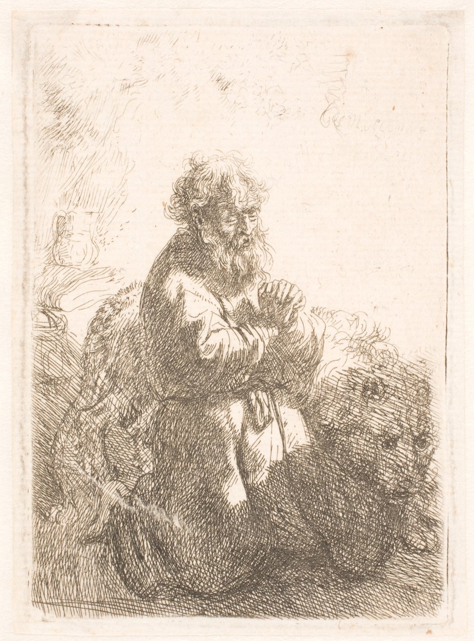 St. Hieronymus kneler i bønn og ser ned av Rembrandt van Rijn