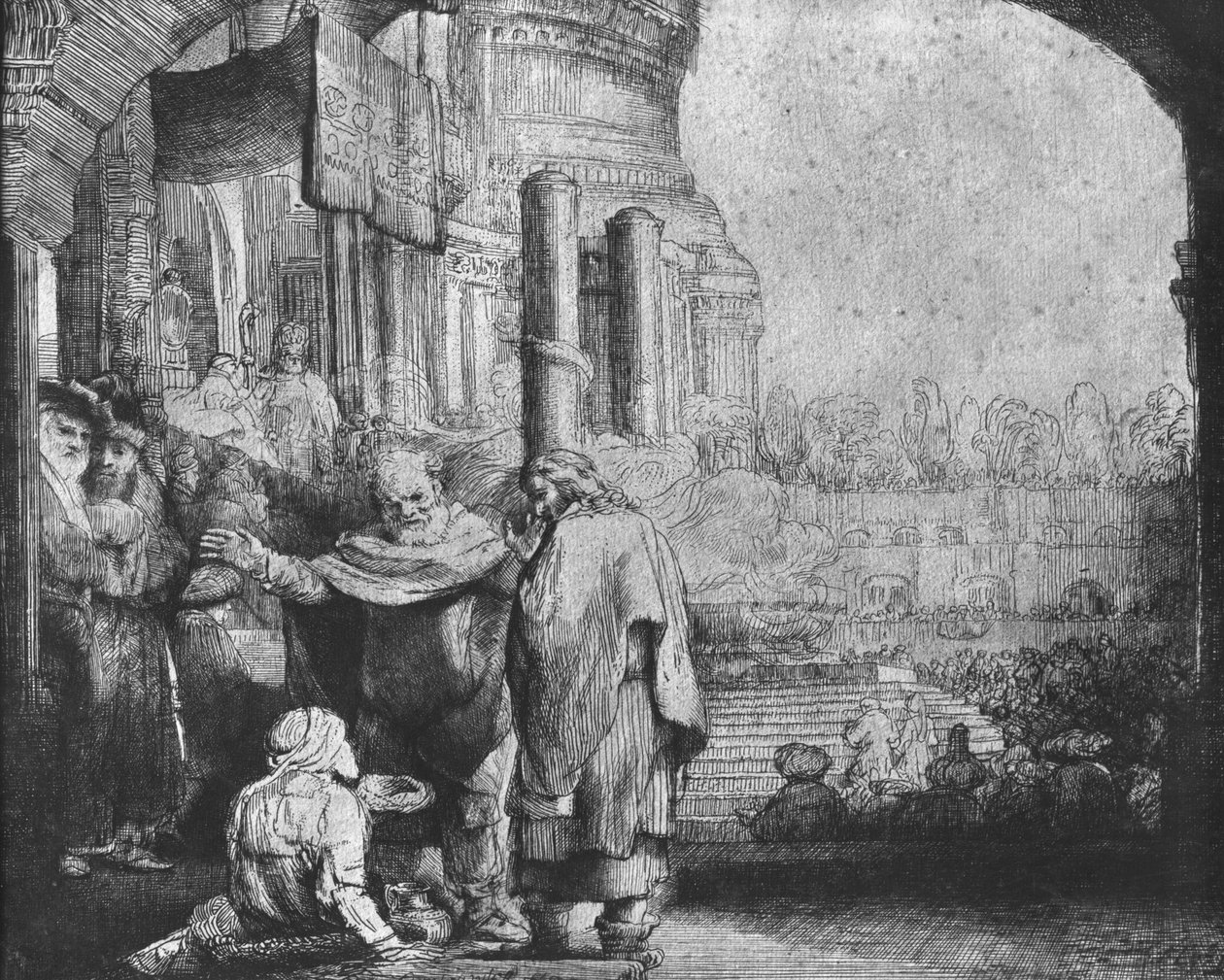 St. Peter og St. John ved inngangen til tempelet, 1649 (radering) (bw-foto) av Rembrandt van Rijn