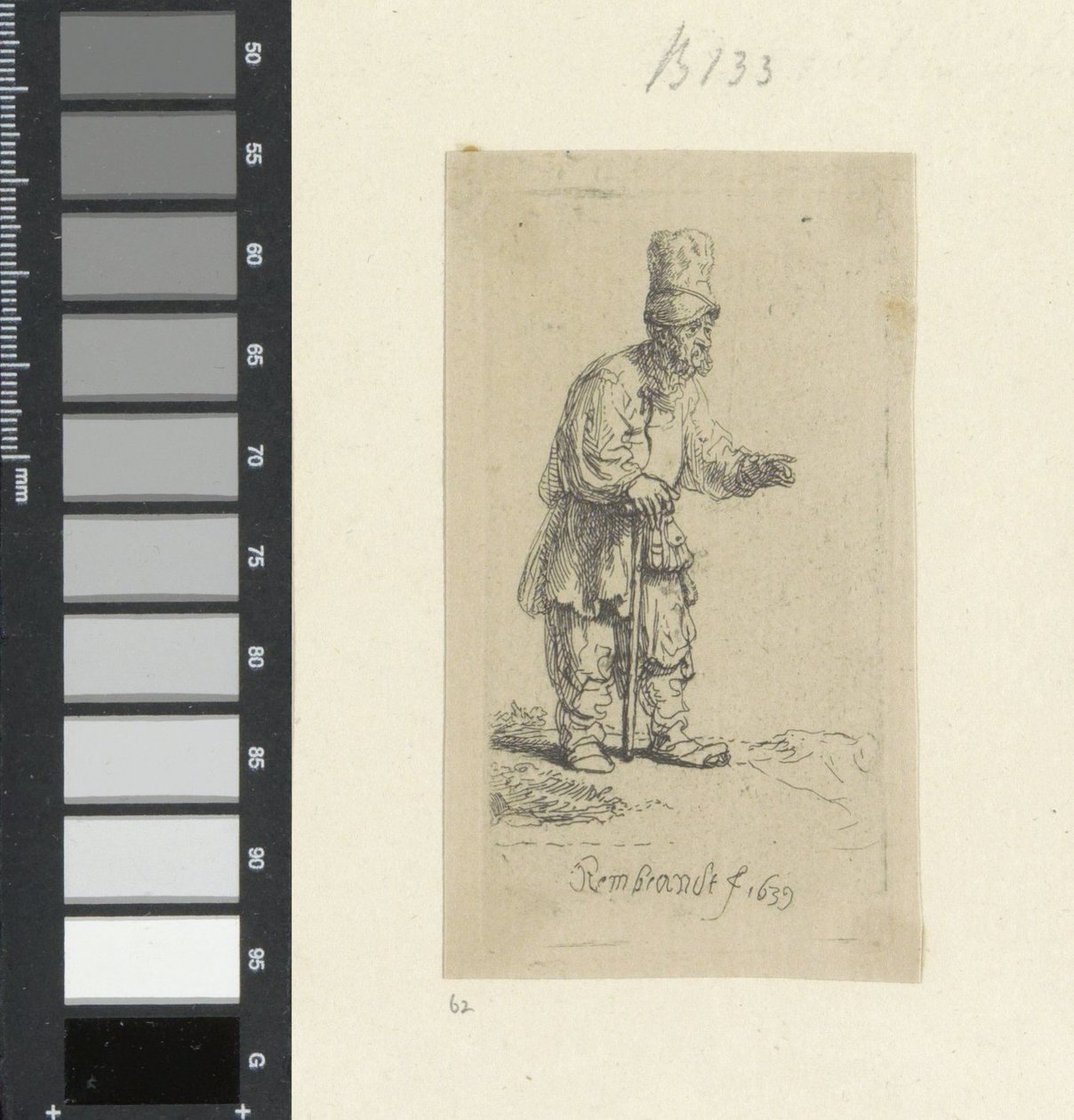 Stående bonde med høyt hodeplagg, lent på en pinne Recueil de quatre-vingt-cinq estampes originales (serietittel) av Rembrandt van Rijn