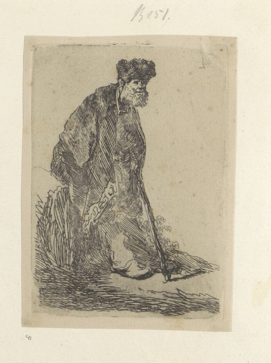 Staande mann setter en lange mantel i bontmuts Samling av åttifem originaltrykk (serietittel) av Rembrandt van Rijn