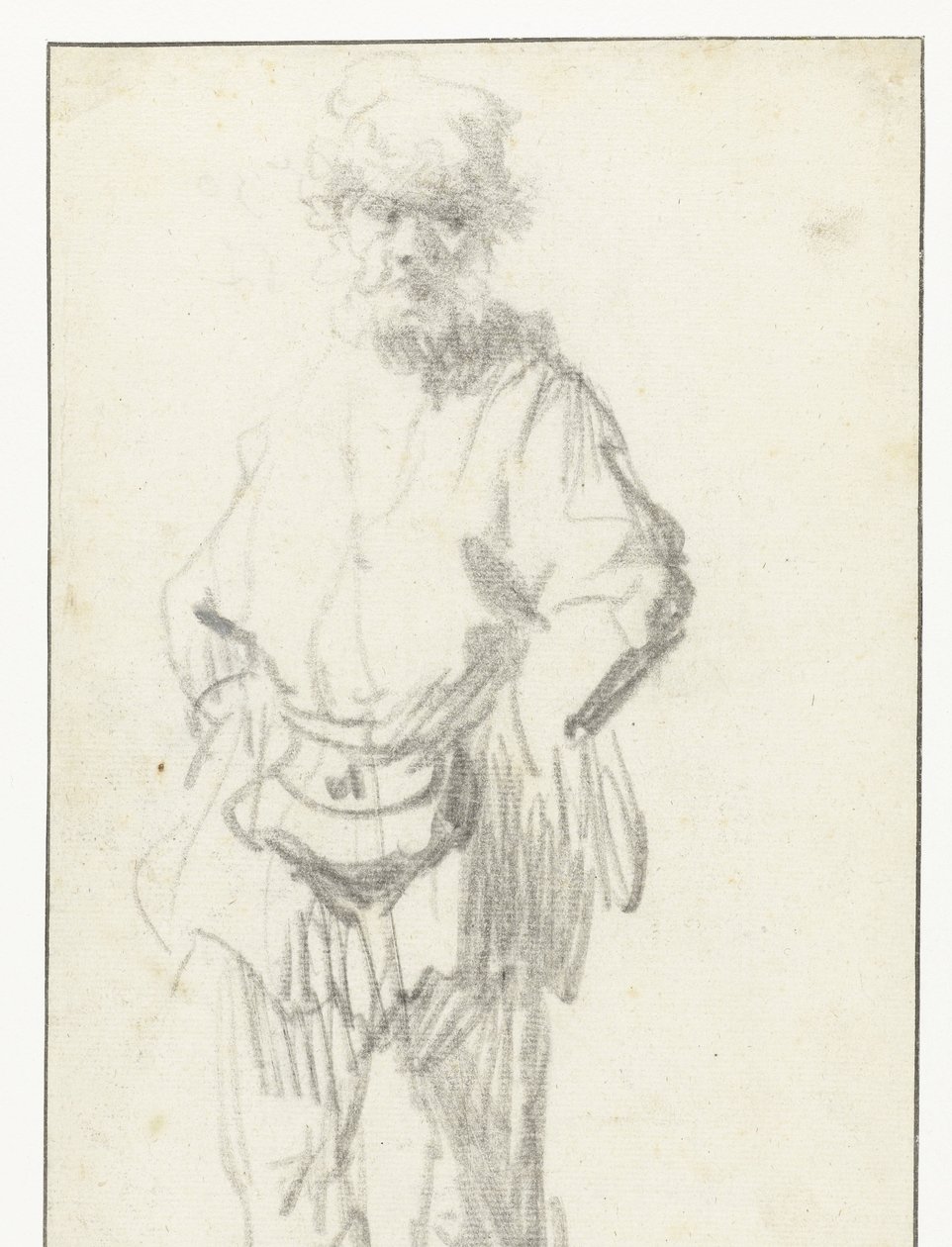 Stående mann med en veske av Rembrandt van Rijn
