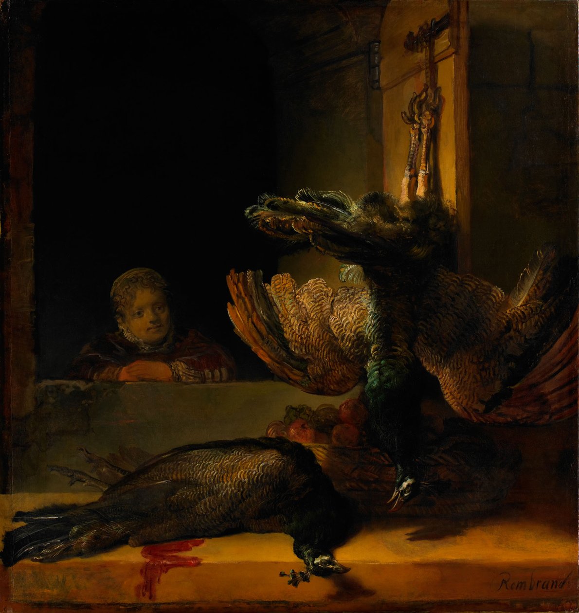 Stilleben med to påfugler og en jente, ca 1639 av Rembrandt van Rijn
