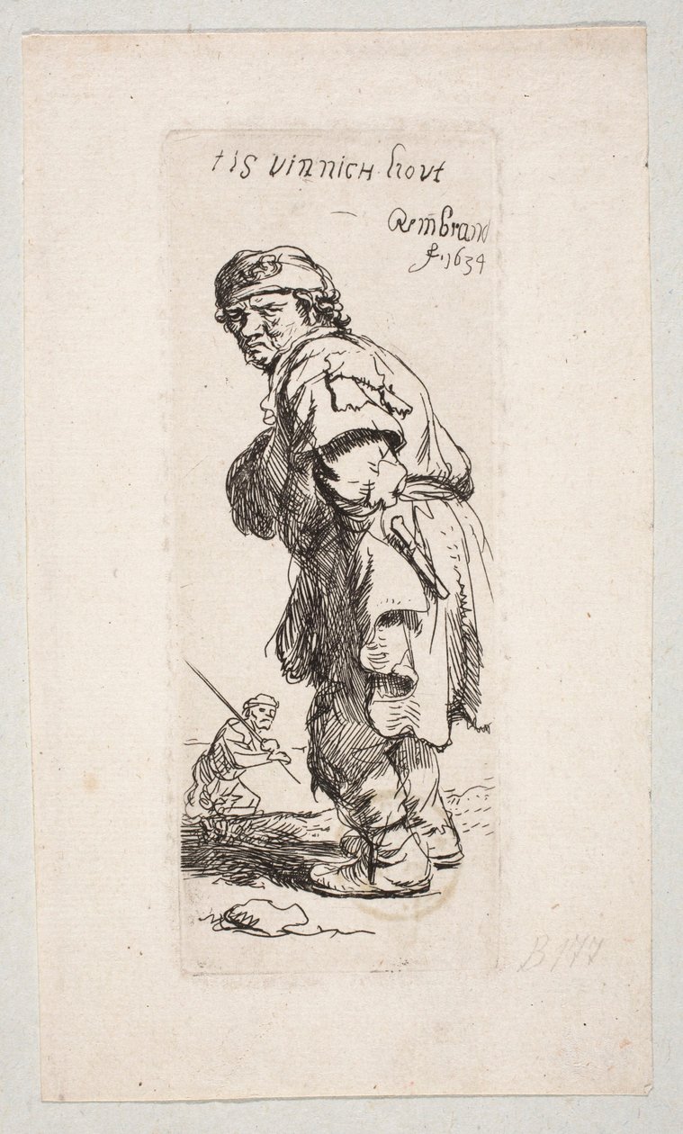 En stående bonde som vender mot venstre og en figur med en stokk i bakgrunnen «Tis vinnich Kout» av Rembrandt van Rijn