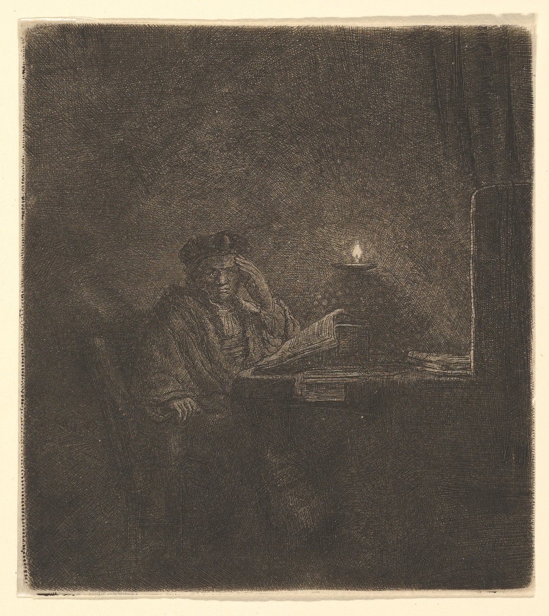 Student ved et bord ved levende lys, ca. 1642. av Rembrandt van Rijn