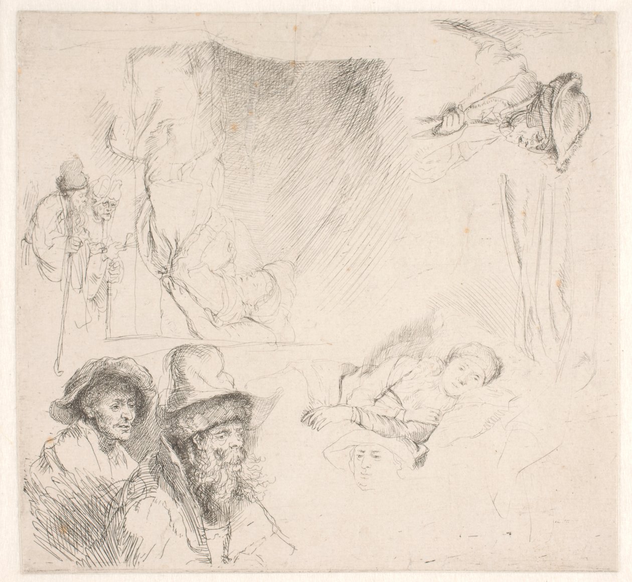 Studieblad, inkludert en sengeliggende kvinne av Rembrandt van Rijn