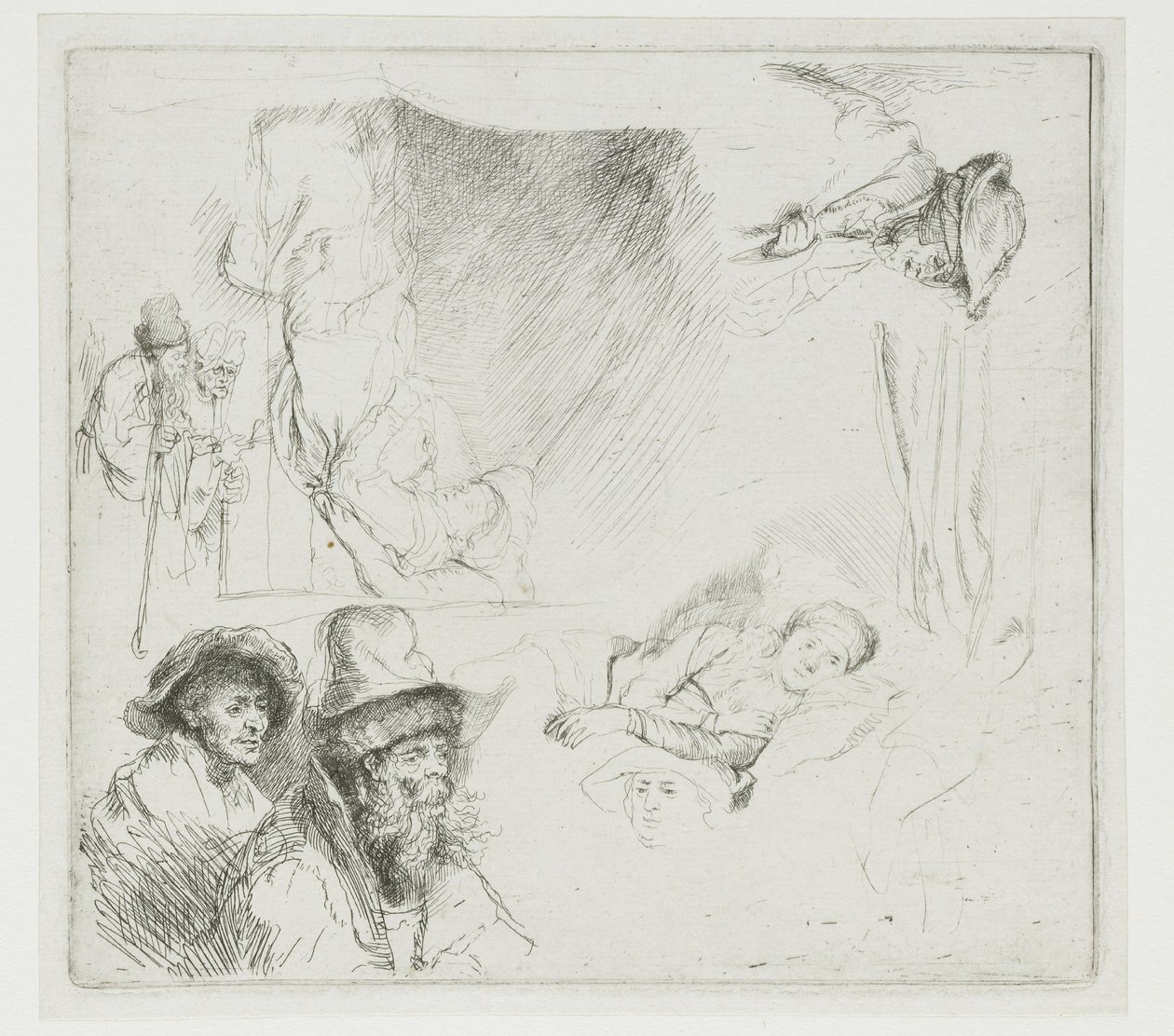 Studiebilde med en syk kvinne i sengen av Rembrandt van Rijn