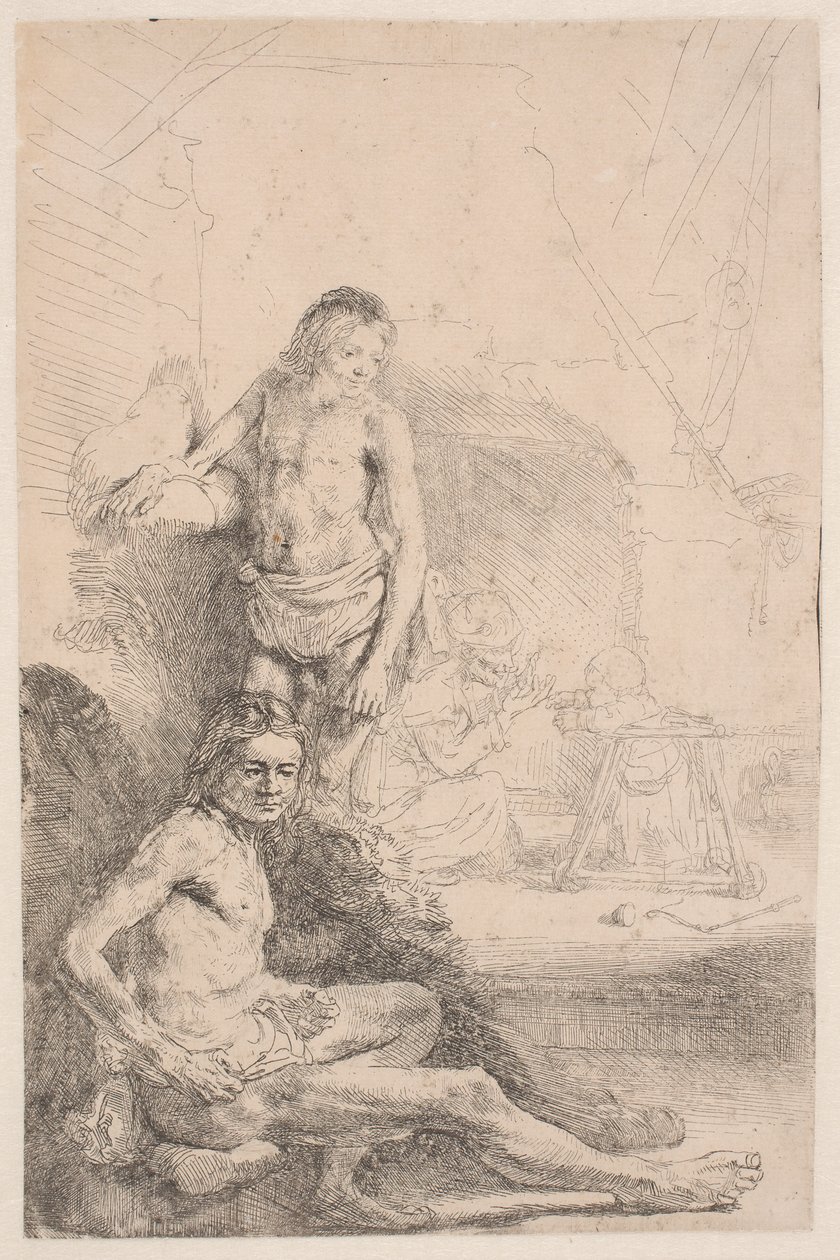 Nakenstudier: én mann sittende og en annen stående; med en kvinne og et spedbarn svakt skissert i bakgrunnen av Rembrandt van Rijn