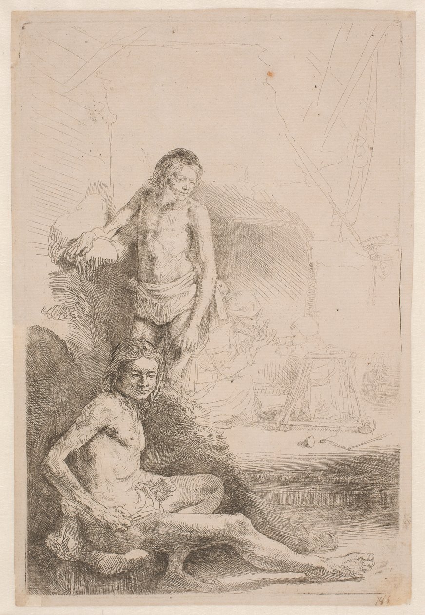 Nakenstudier: én mann sittende og en annen stående; med en kvinne og et spedbarn svakt skissert i bakgrunnen av Rembrandt van Rijn