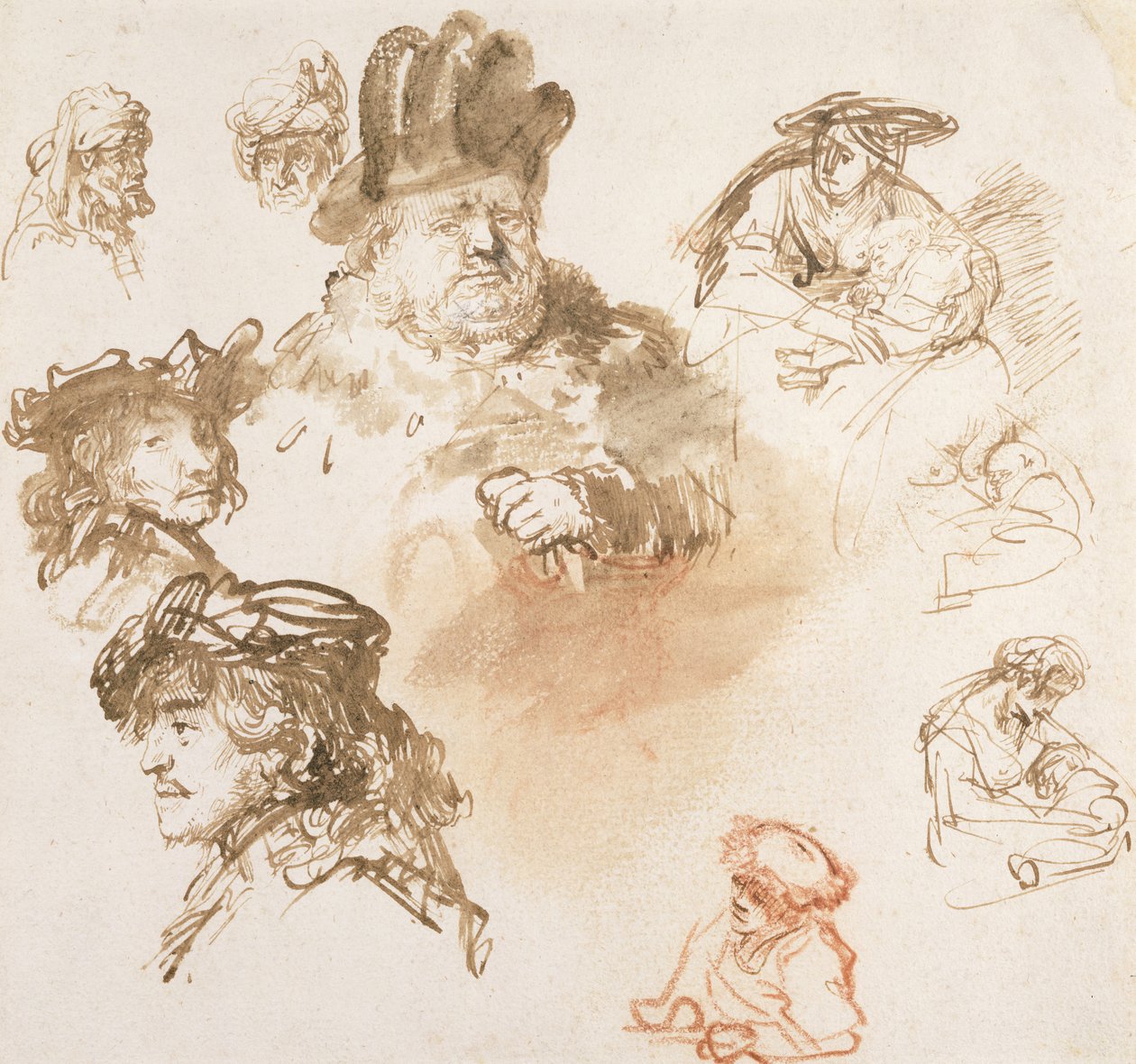 Studier av gamle menns hoder og tre kvinner med barn, ca. 1635-36 (blekk og vask på papir) av Rembrandt van Rijn