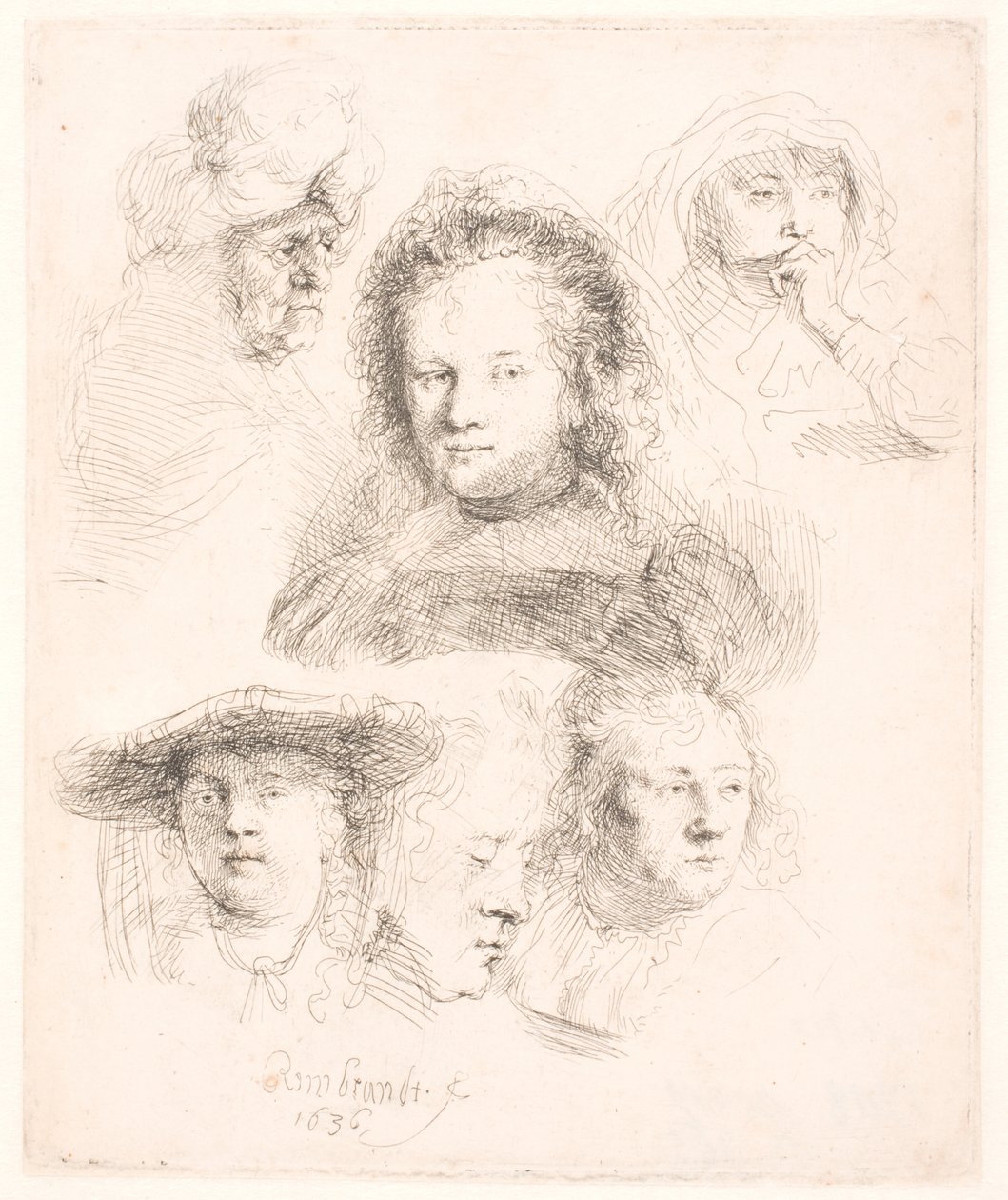 Studier av leder for Saskia og andre av Rembrandt van Rijn