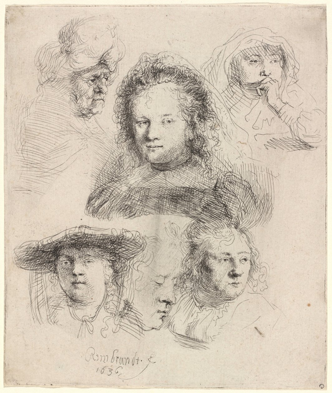 Studier av Saskias hode og andre av Rembrandt van Rijn