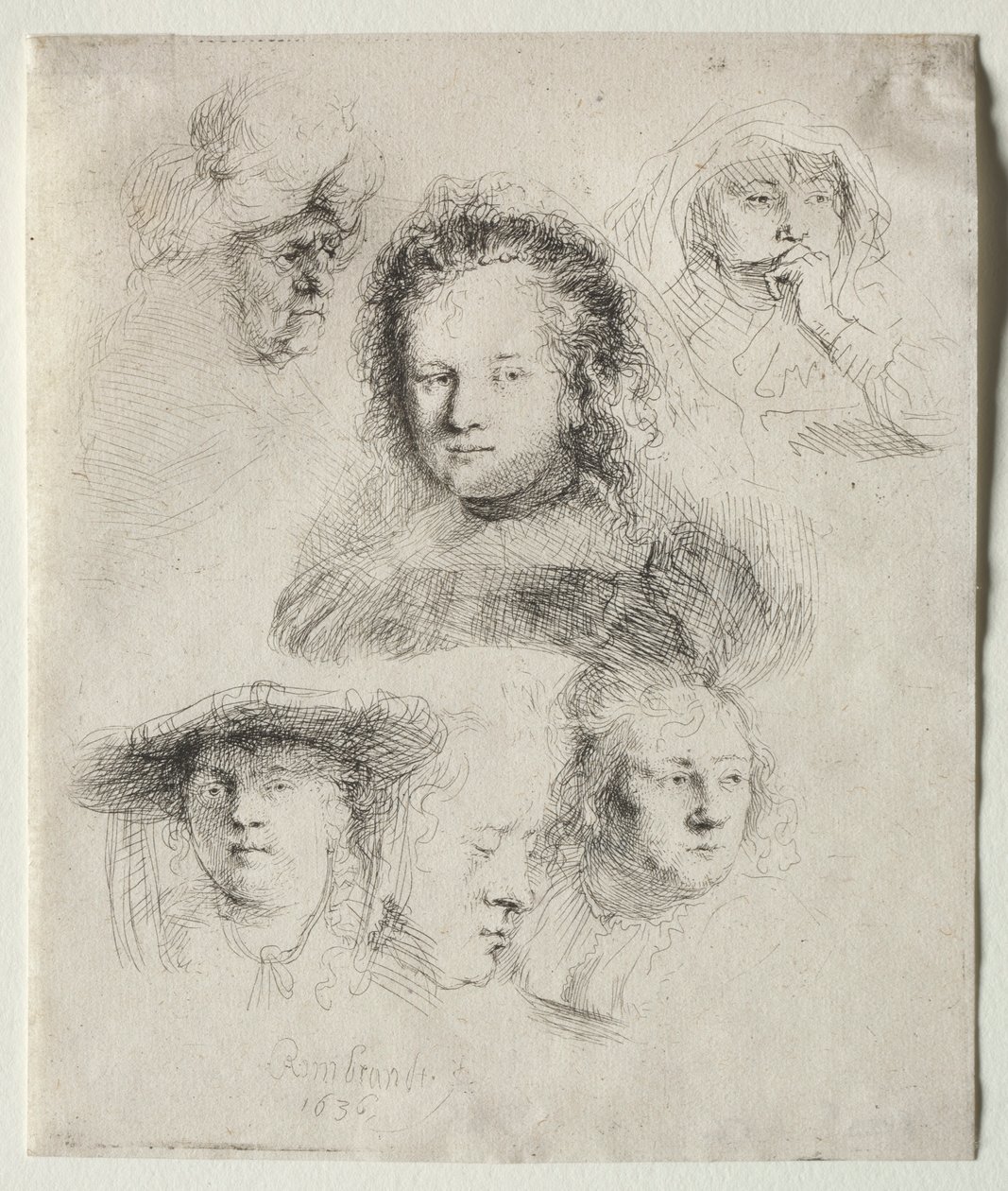 Studier av lederen av Saskia og andre, 1636. av Rembrandt van Rijn