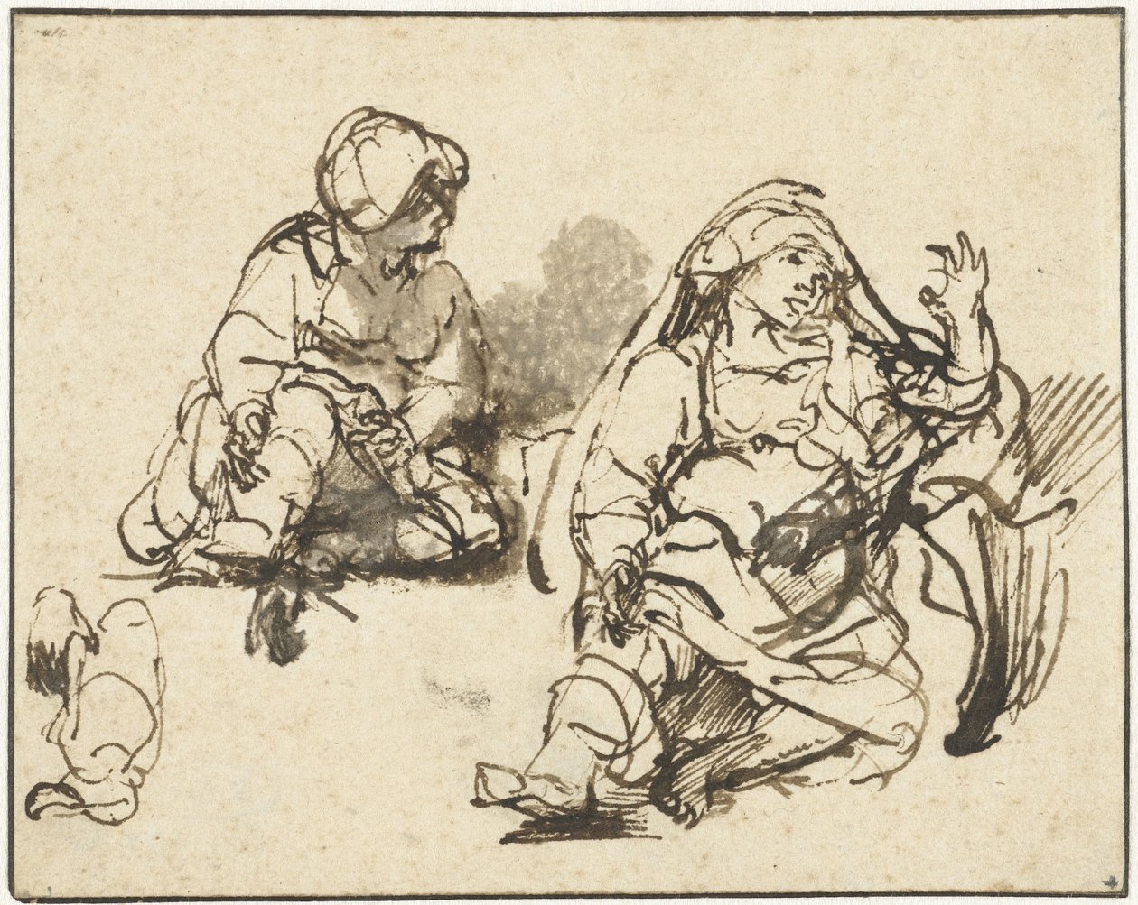 Studier av den syke kvinnen på «Honderdguldenprent» av Rembrandt van Rijn