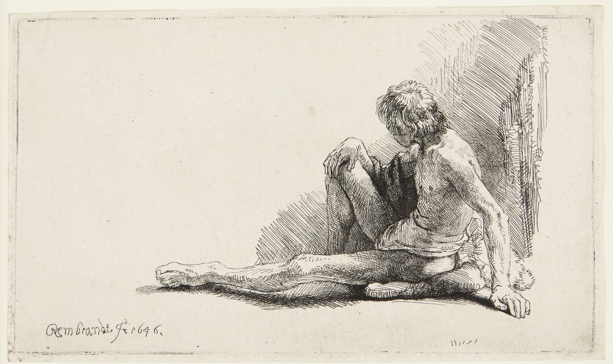 Studie etter nakenmodell (Mann sittende på bakken) (Bartsch 196, den andre av to utgaver; H. 221; Muntz 137 II) av Rembrandt van Rijn
