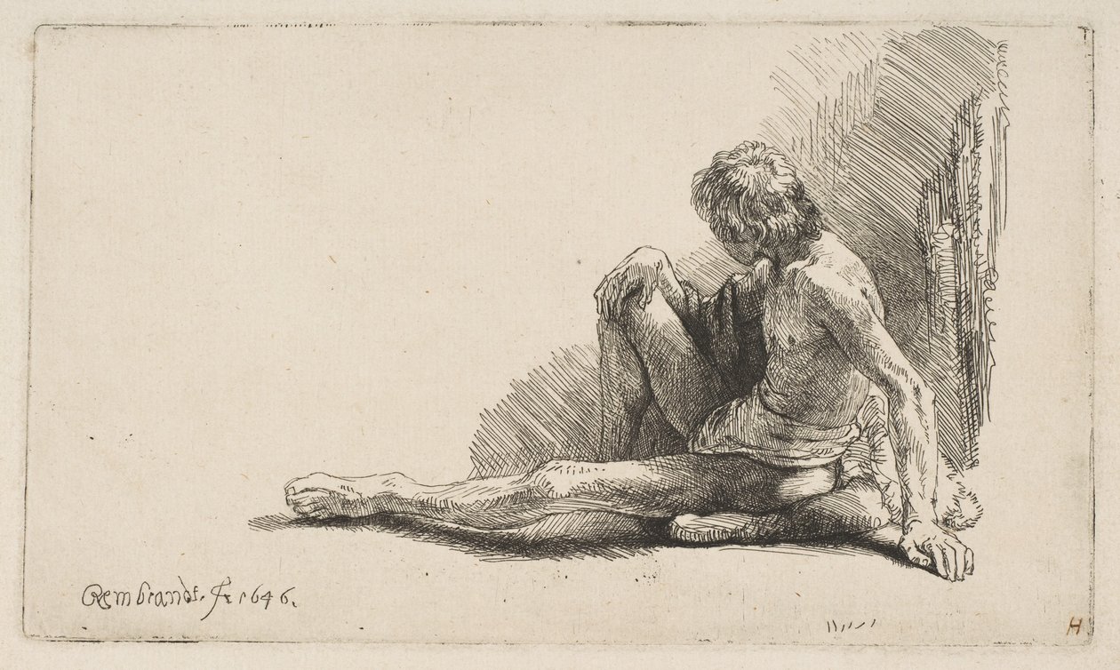 Studie fra naken: Man sitter på bakken, med ett ben forlenget, 1646. av Rembrandt van Rijn