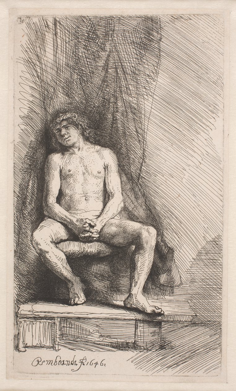 Studie etter nakenmodell: mann sittende foran et gardin av Rembrandt van Rijn