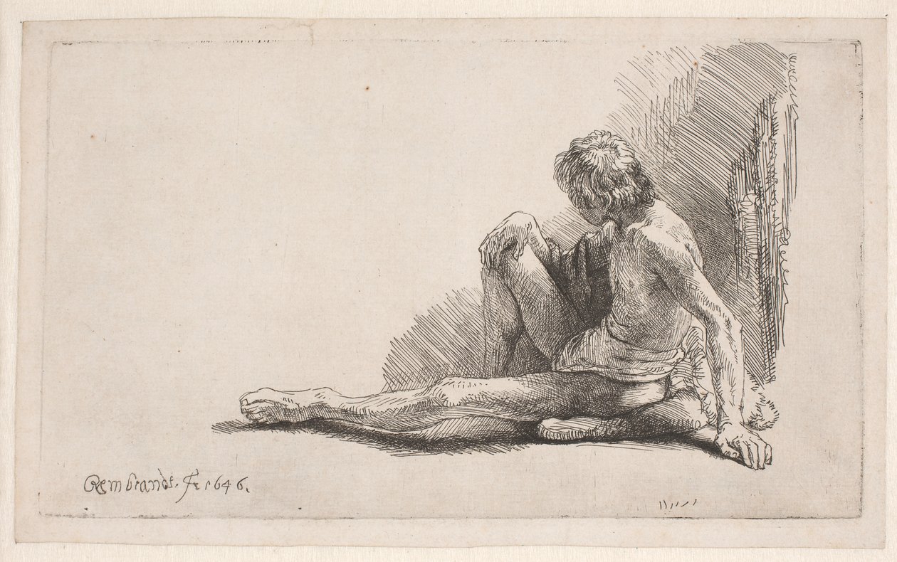 Nakenstudie: mann sittende på bakken med ett ben utstrakt av Rembrandt van Rijn