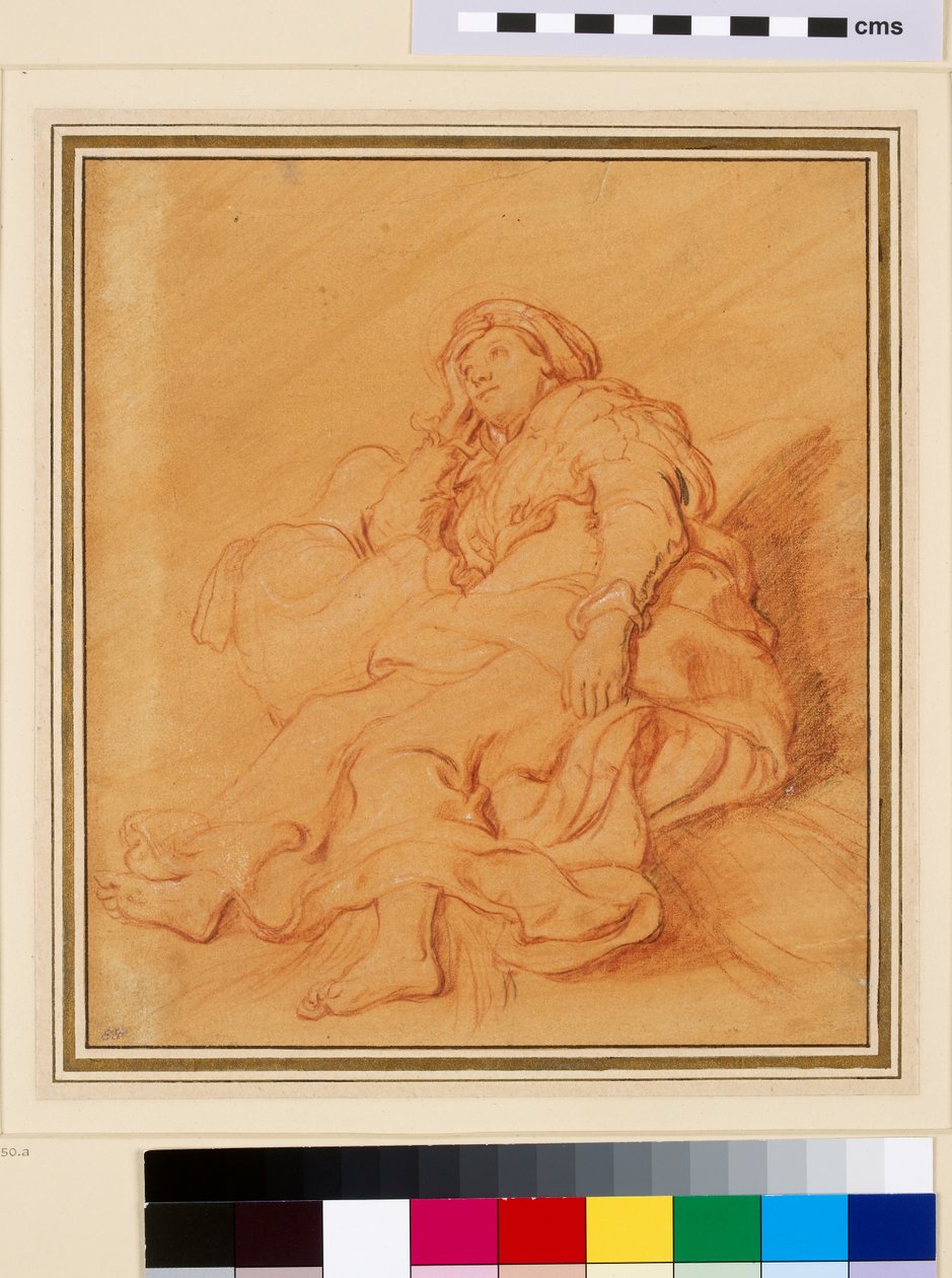 Studie av Rachels figur, ca. 1621 (rødt kritt med svart og hvitt kritt på oransje forberedt papir) av Rembrandt van Rijn