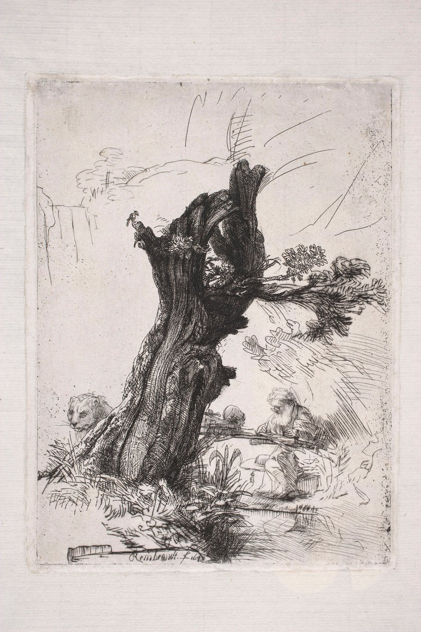 Den hellige Hieronymus som skriver ved en pilestamme av Rembrandt van Rijn