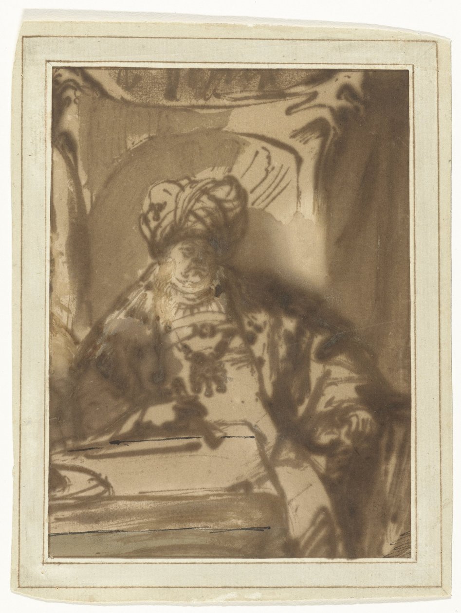 Skuespilleren Willem Bartholsz Ruyter som kong Ahasveros på tronen av Rembrandt van Rijn